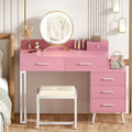 Pink Vanity Desk with Mirror and Lights, Modern Makeup Vanity Table Set with 6 Storage Drawers and Cushioned Stool