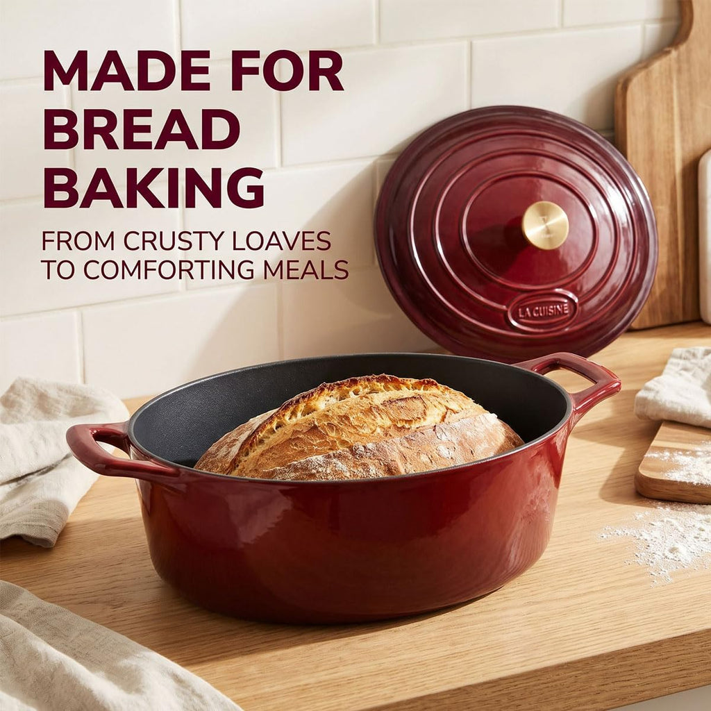Enameled Cast Iron Oval Dutch Oven Casserole Dish Pot with Lid 5 QT Internal Matt Black Enamel Coating, Cranberry
