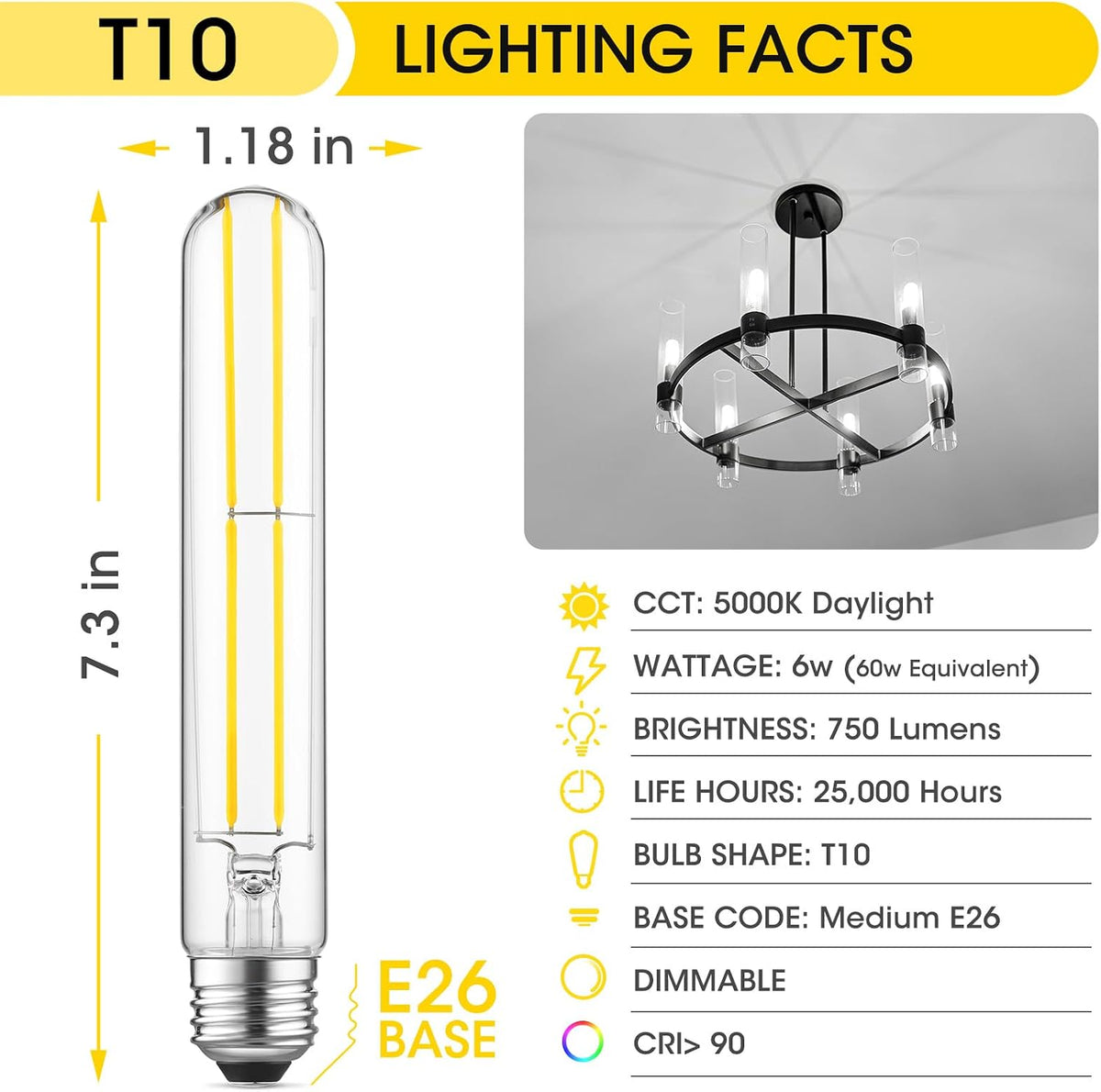 7.3" T10 Tubular LED Light Bulb, 60W Eq, Dimmable, Daylight 5000K, 6-Pack