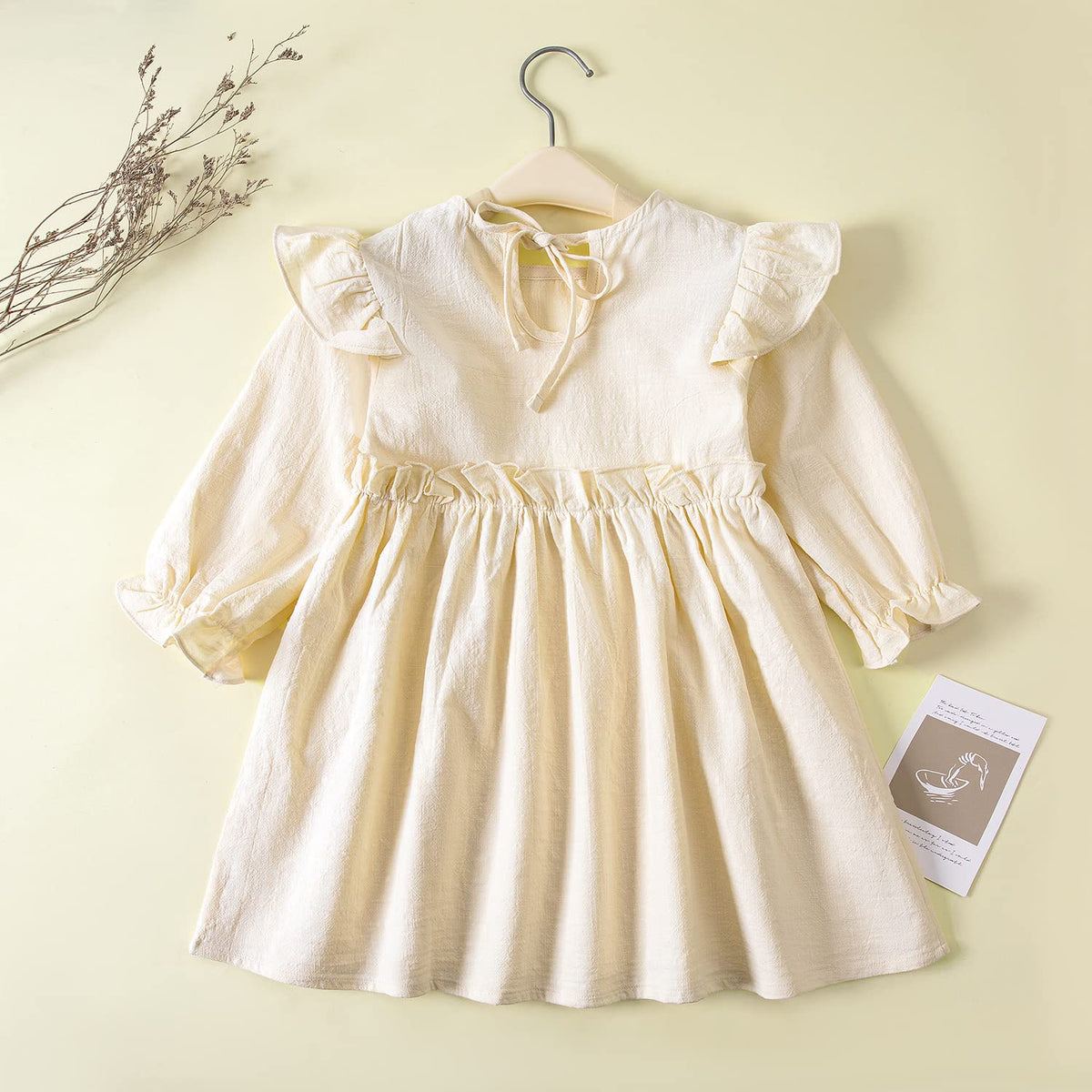 Toddler Girl Cotton Linen Dress Long Sleeve Ruffle Fall Dress Kids Solid Dresses Casual Clothes