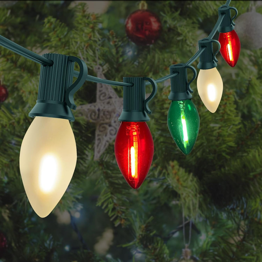 C7 LED Red White and Green Christmas Lights, 25Ft Outdoor Chritsmas String Lights Shatterproof with 27 LED Clear