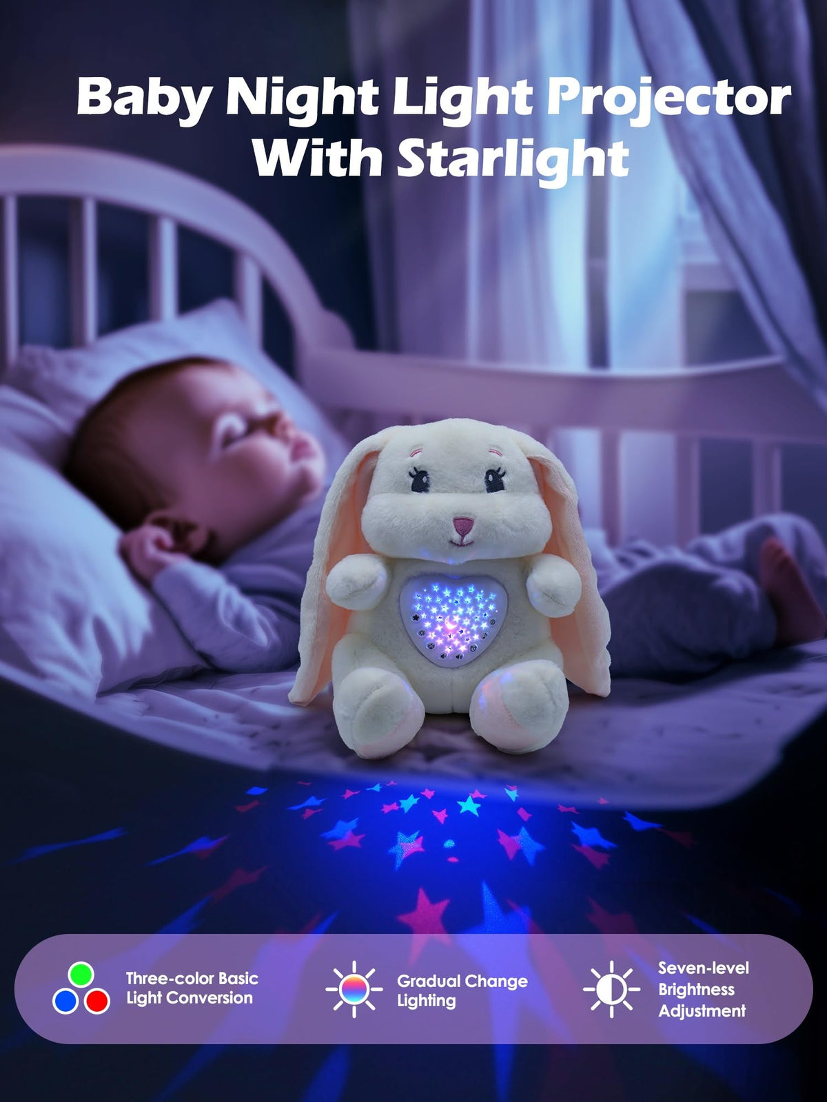 Wioon Baby Sleep Soother Bunny Toy with Cry Sensor & Starlight Projector - 15, Rechargeable Plush Toy for 3-36