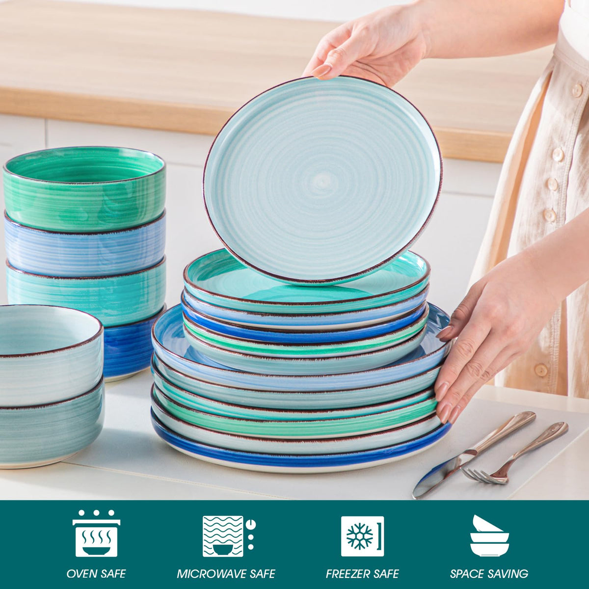 Bonita Dinnerware Sets 18 Pieces, Blue Stoneware Dishes Set for 6, Plates Set and Bowls Sets, Dishwasher and