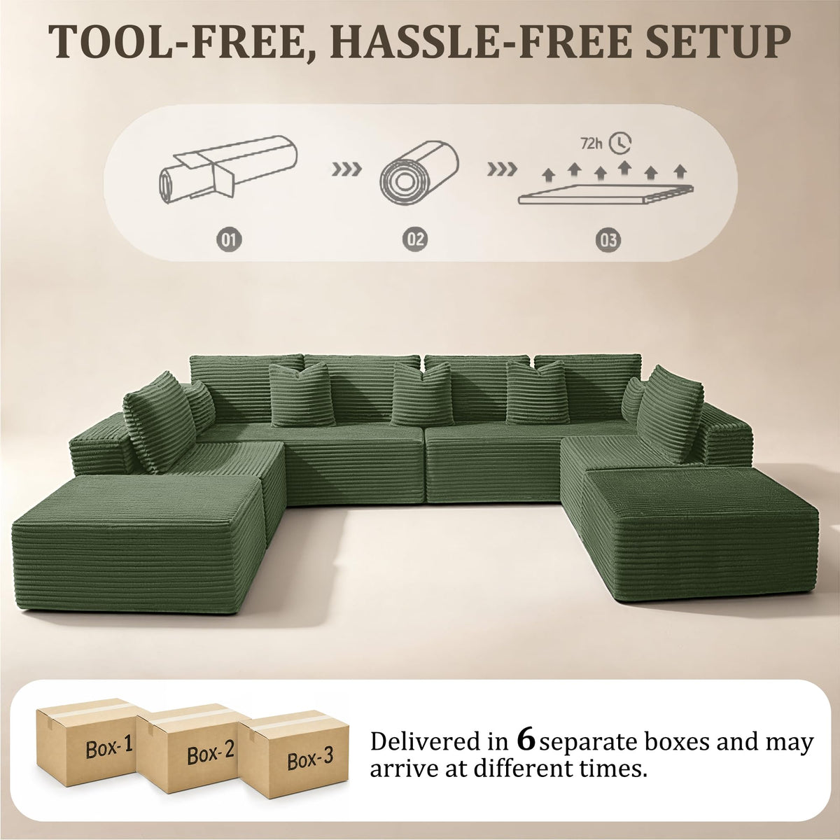 138" Oversized Boneless Couch, Modular Sectional Couches U Shaped Cloud Couch with Deep Seat No Assembly Required
