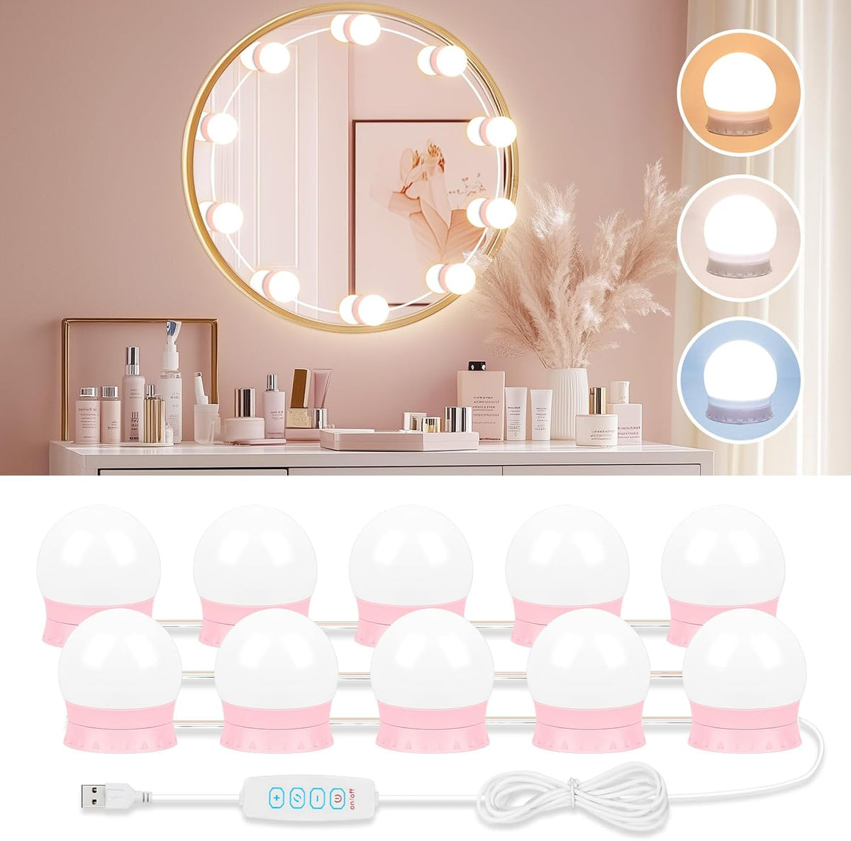 LED Vanity Lights For Mirror, Pink Vanity Light Stick on with 10 Bulbs