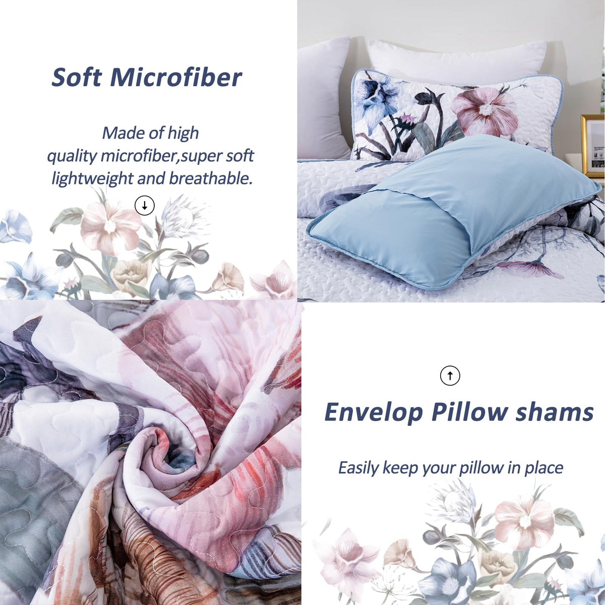 Floral Quilt Set 3 Pieces Light Blue Floral Quilt Coverlet Set
