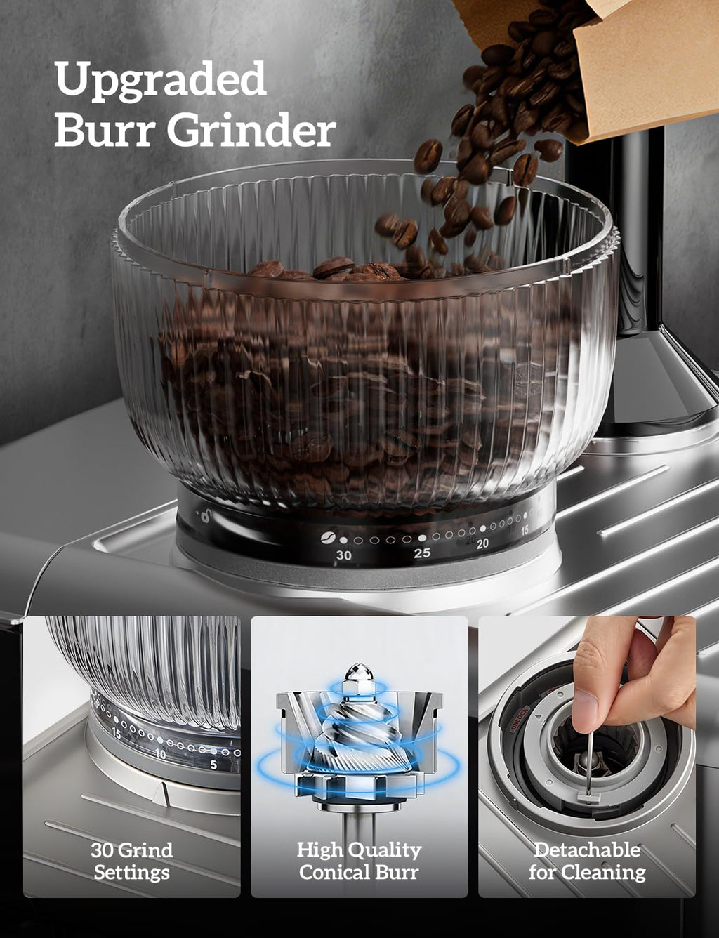 Compact Espresso Machine with Grinder, 5 Temp 205°F Max