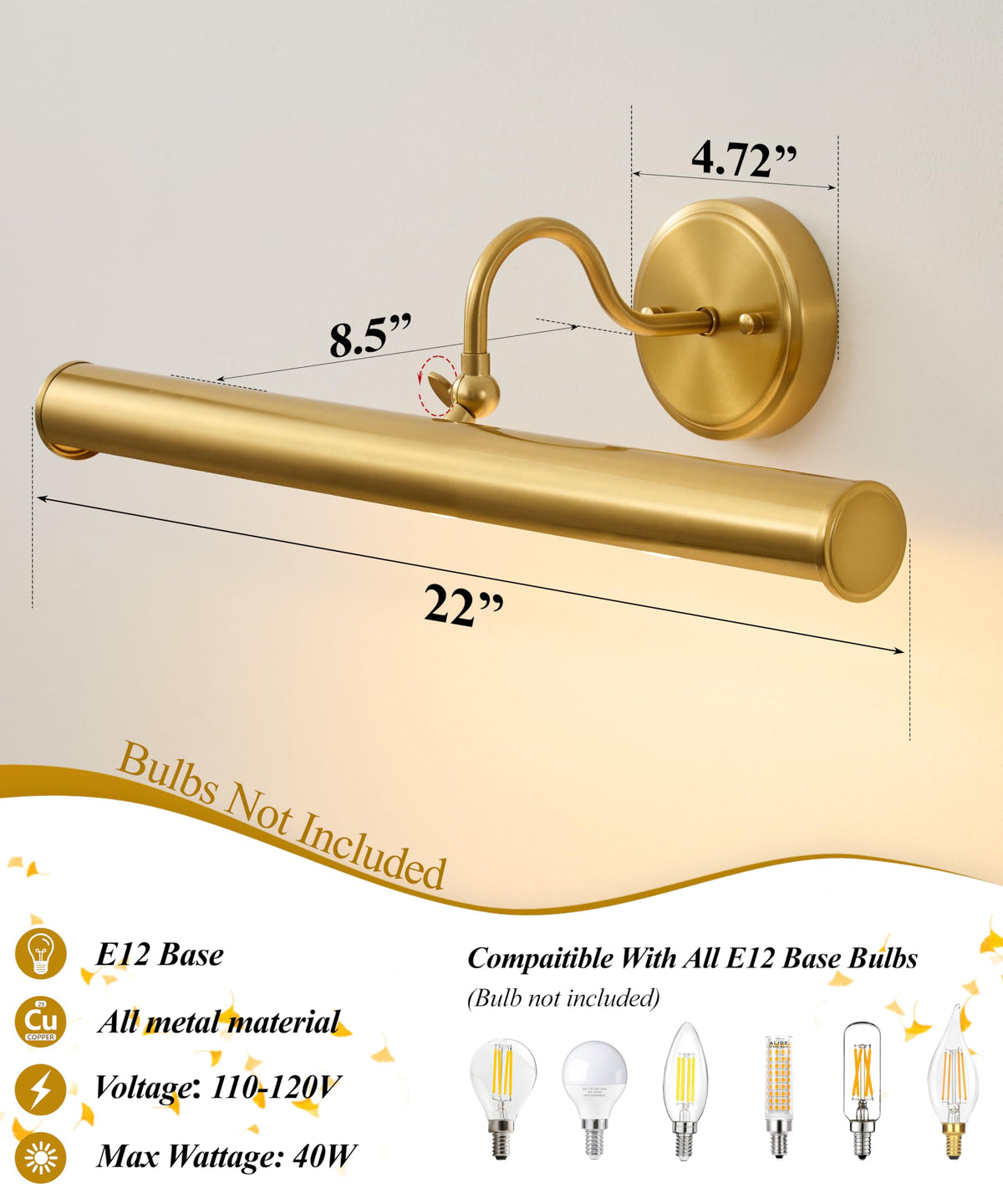 Hardwired Picture Lights for Wall,22 Inch Brass Vintage Picture Sconce,E12 Base,330° Rotatable,3-Light Gallery Art