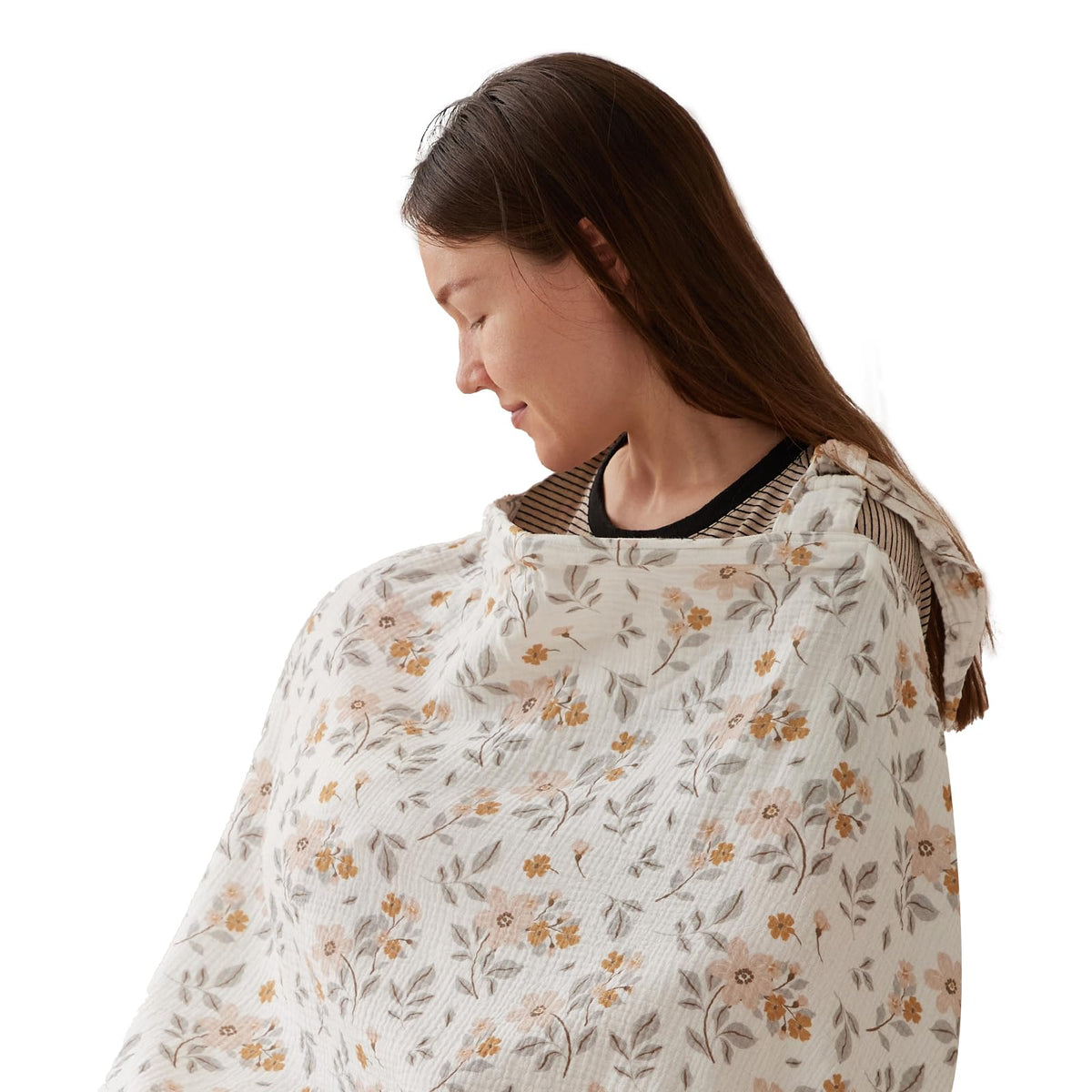 Muslin Nursing Cover for Baby Breastfeeding, 100% Cotton Breathable with Arch Neckline for Women, Yellow Flower