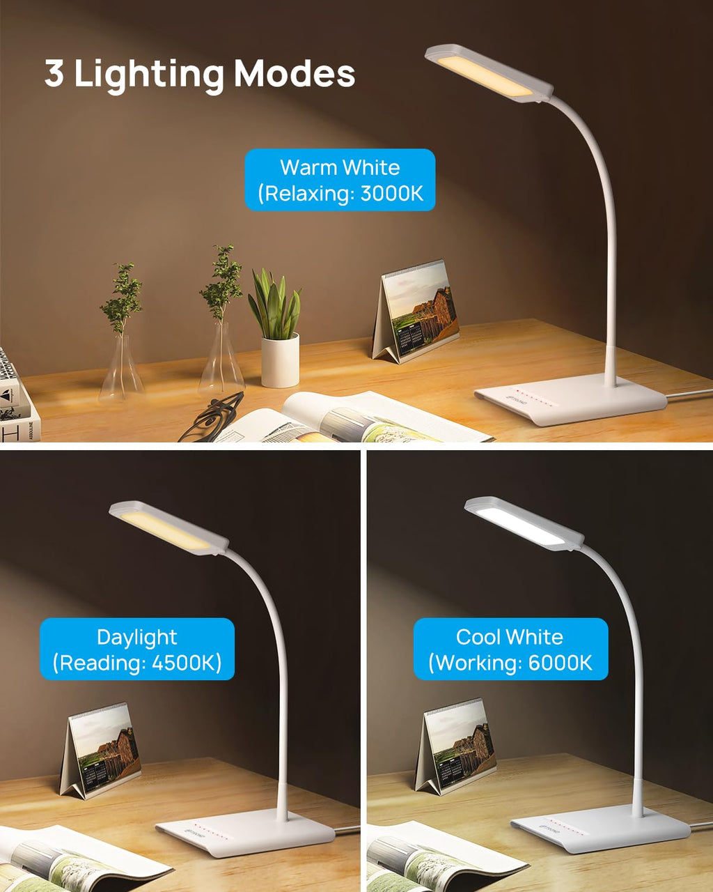 Desk Lamp, Dimmable Eye-Caring Table Lamp, Memory Function, White