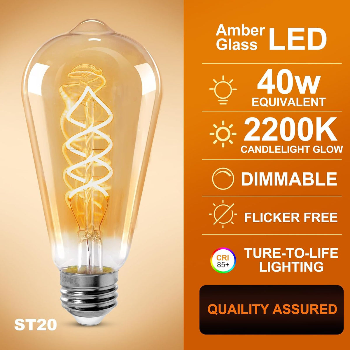 ST64 LED E26 Vintage Edison Light Bulbs, Amber Glass, Dimmable, 4W(40W Equivalent) 300 Lumens, 2200K Ultra Warm