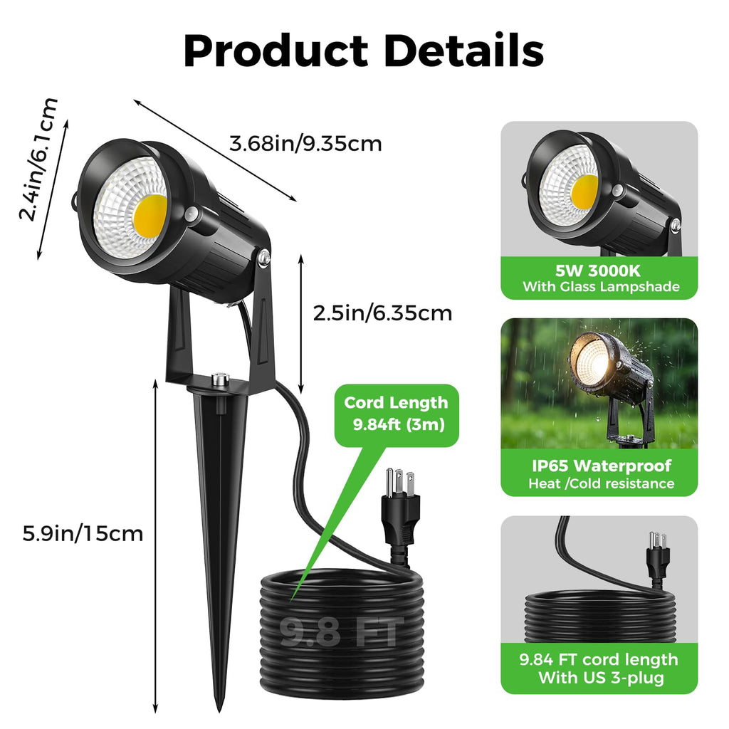 5W Outdoor Spot Lights, COB Landscape Spotlights with Spiked Stand