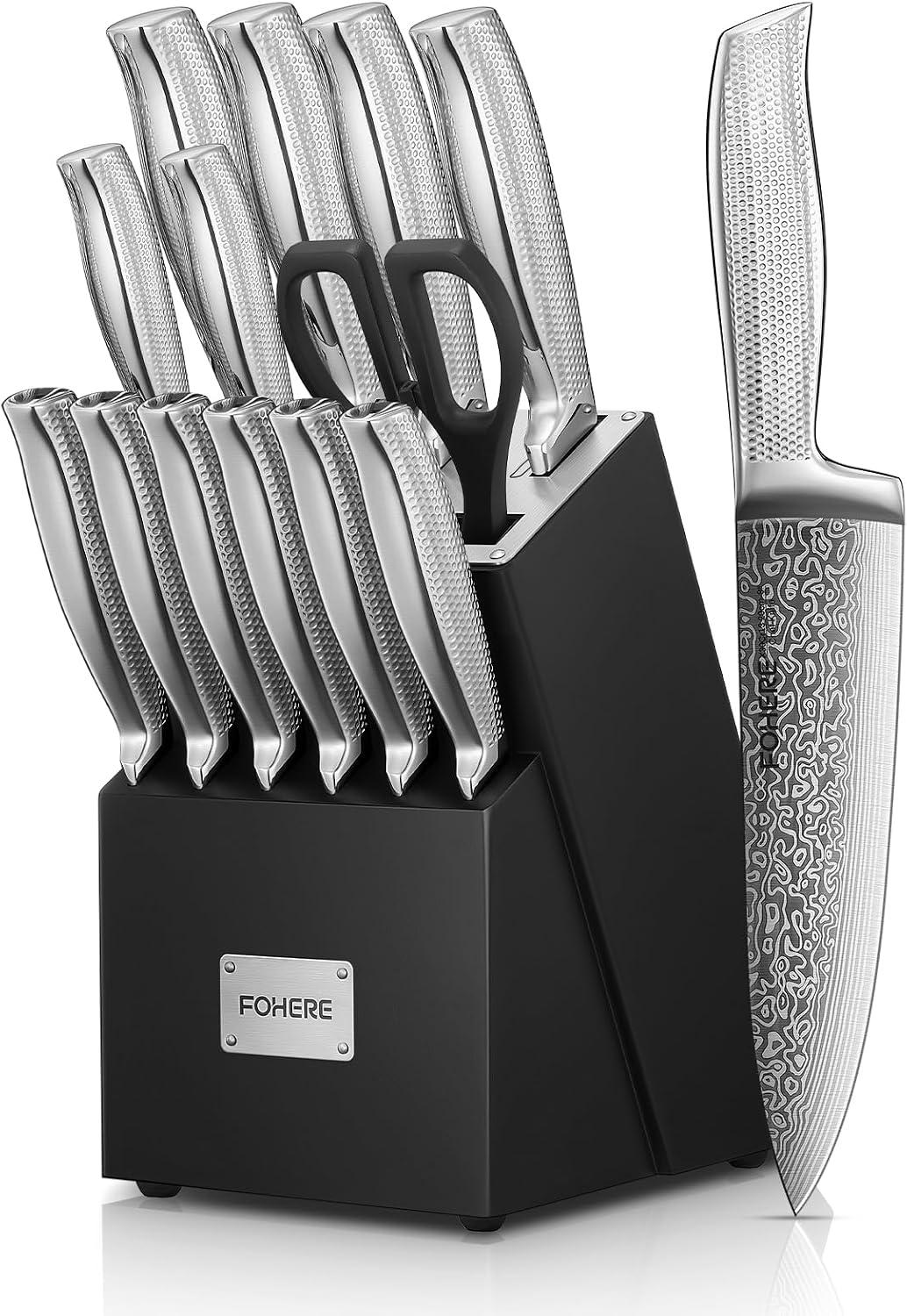 Knife Set, 14 Pieces Kitchen Knife Set with Built-in 5 x Sharpeners, Waved Texture Knife Set with Block, Stainless