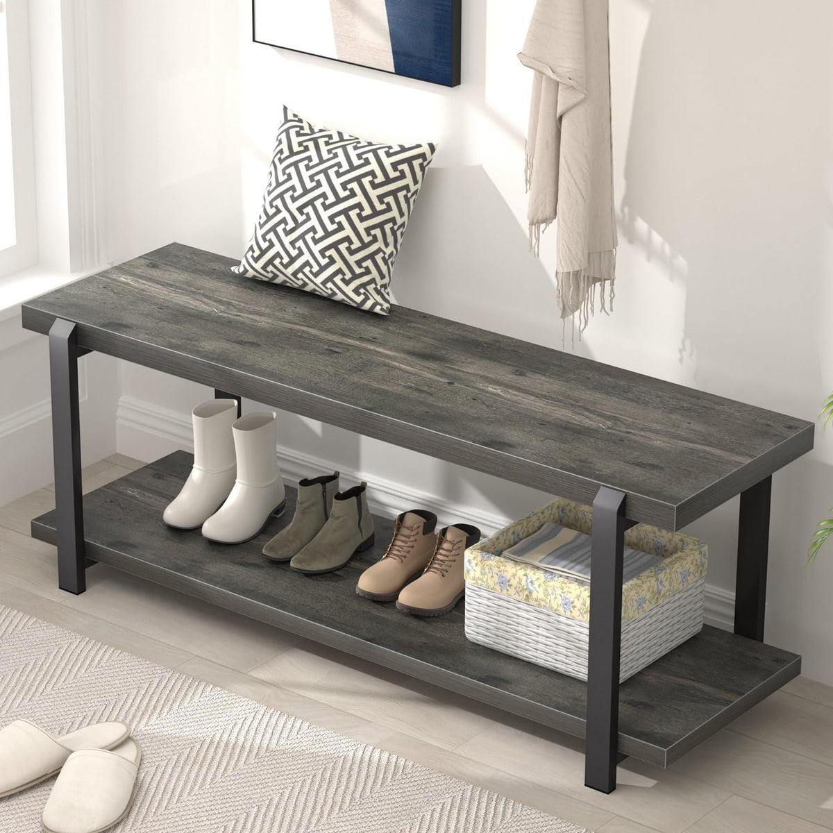 Industrial Entryway Bench with Storage, Rustic Wood and Metal Shoe Rack Bench Seat, 47 Inch Grey