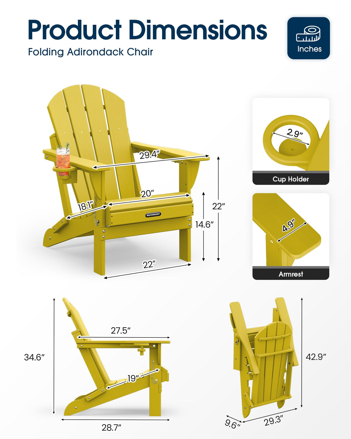 Folding Adirondack Chairs Set of 4, HDPE Patio Chair Olive Yellow