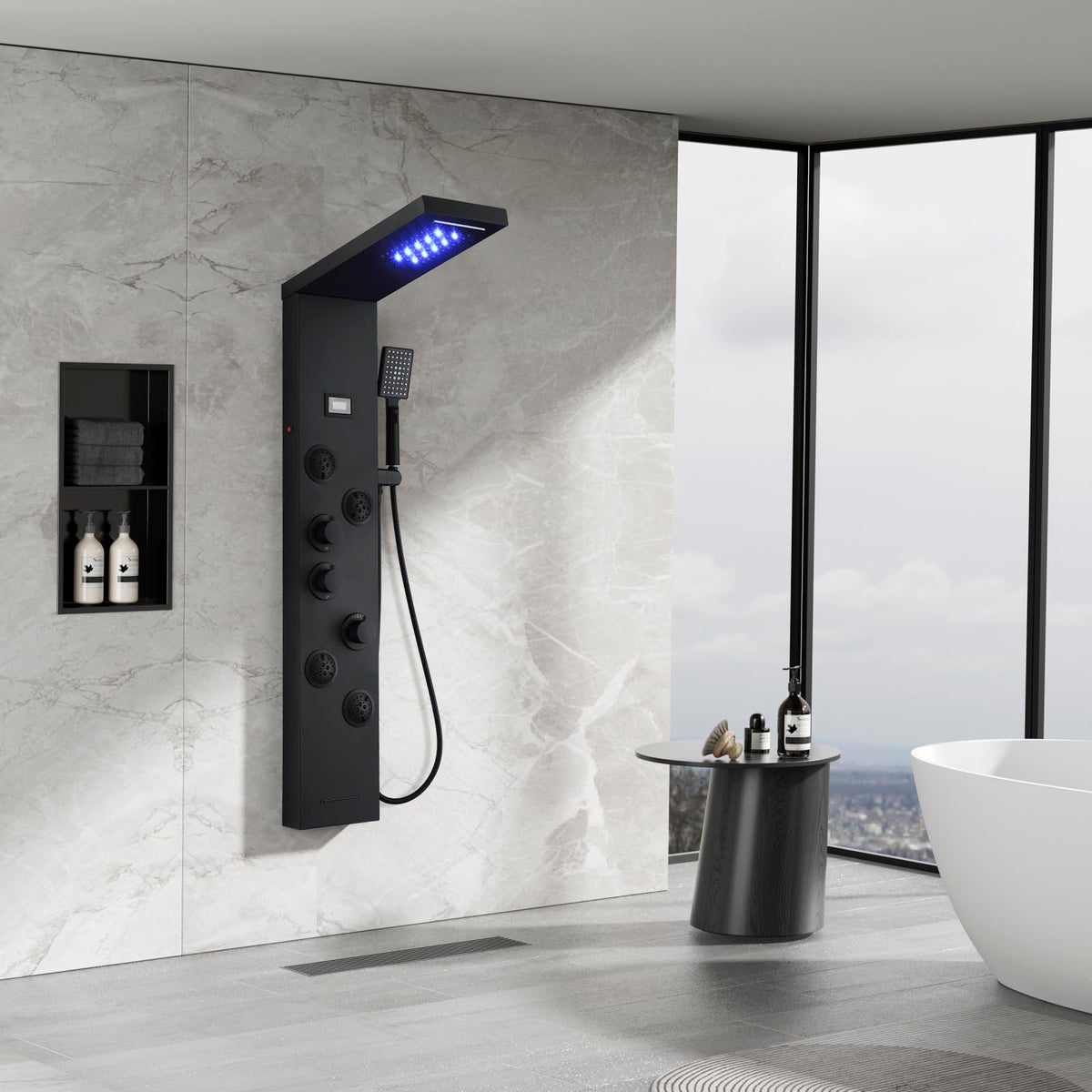 5-in-1 LED Shower Panel Tower System Matte Black Stainless Steel
