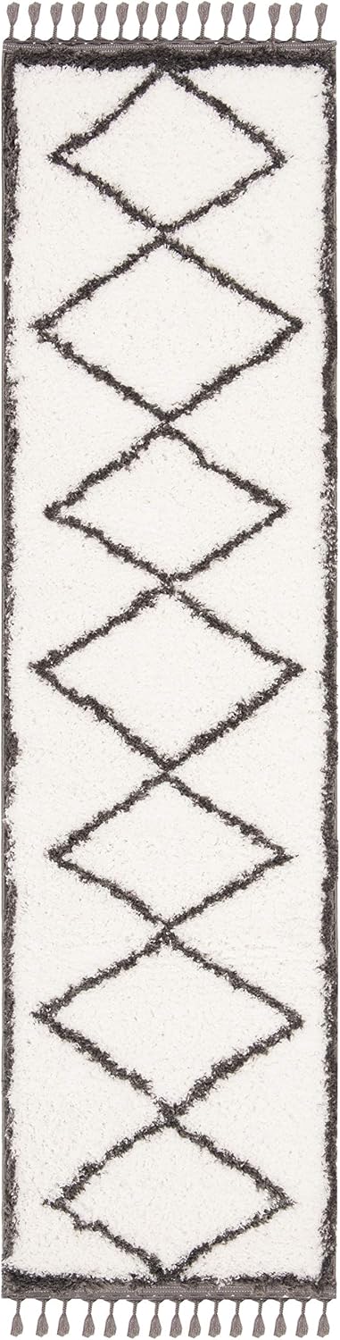 Carmella Shag Collection Runner Rug - 2'2" x 8', Cream & Grey, Moroccan Tassel Design, Non-Shedding & Easy Care