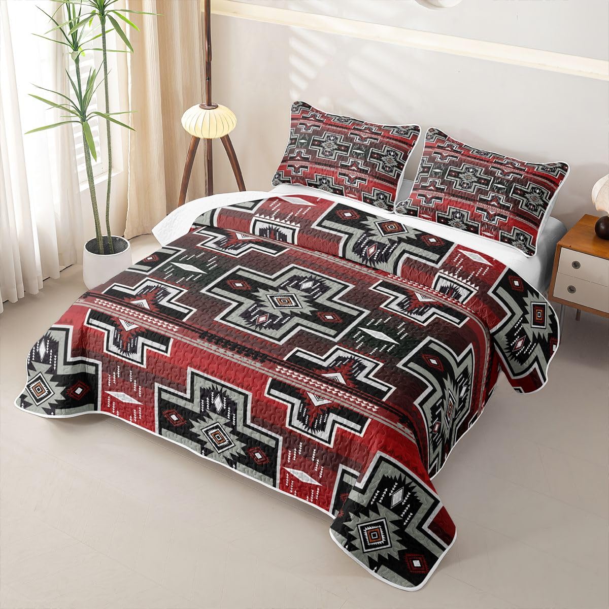 Western Boho Aztec Quilt Set Geometric Exotic Bohemian Lightweight Quilt Bedding Set for Summer