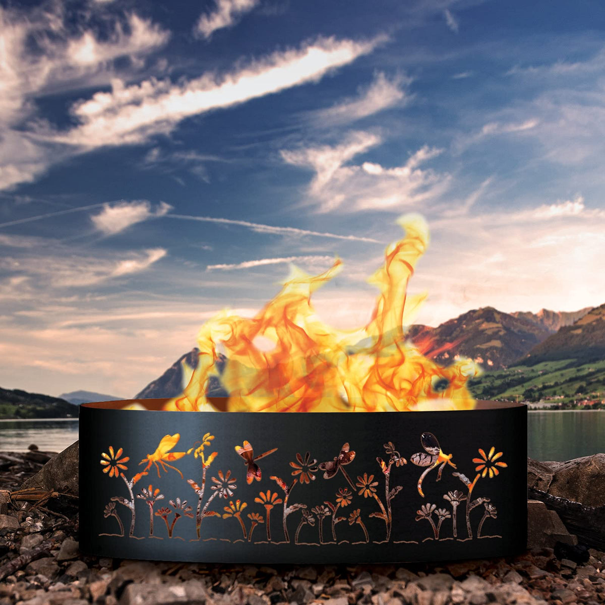 Dragonfly Unpainted 12 in. Tall 30 in. Diameter Outdoor Fire Ring - 30 x 30 x 12 in. - Rustic Black Color