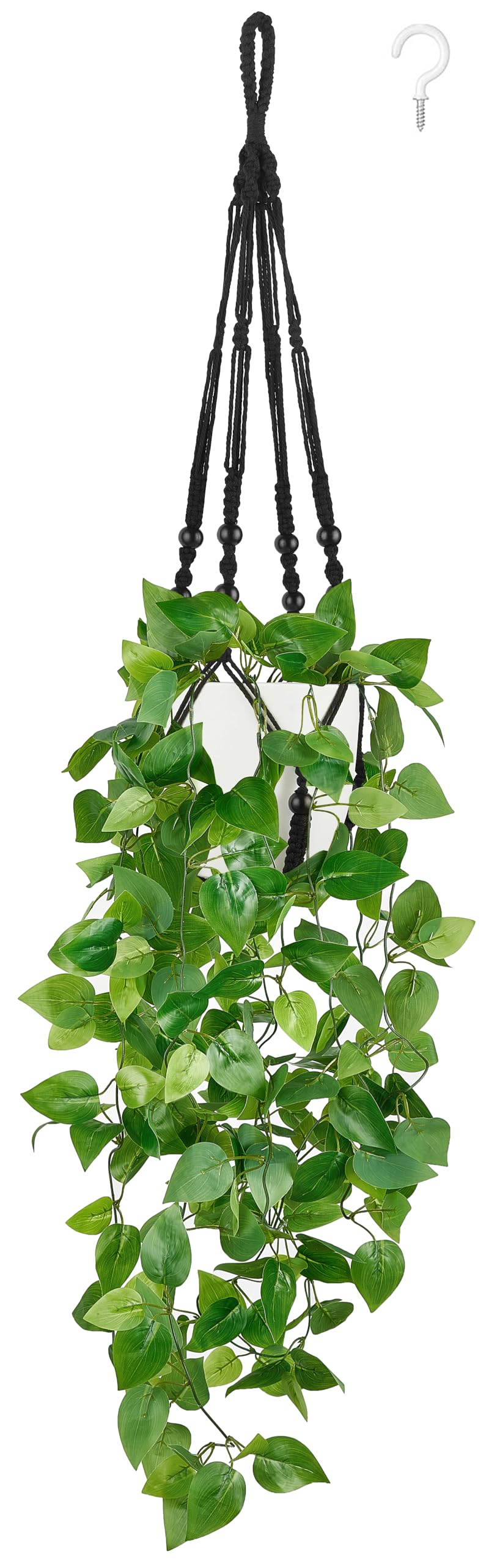 Fake Hanging Plant, Macrame Hanger with Pothos Vines & Pot, Black