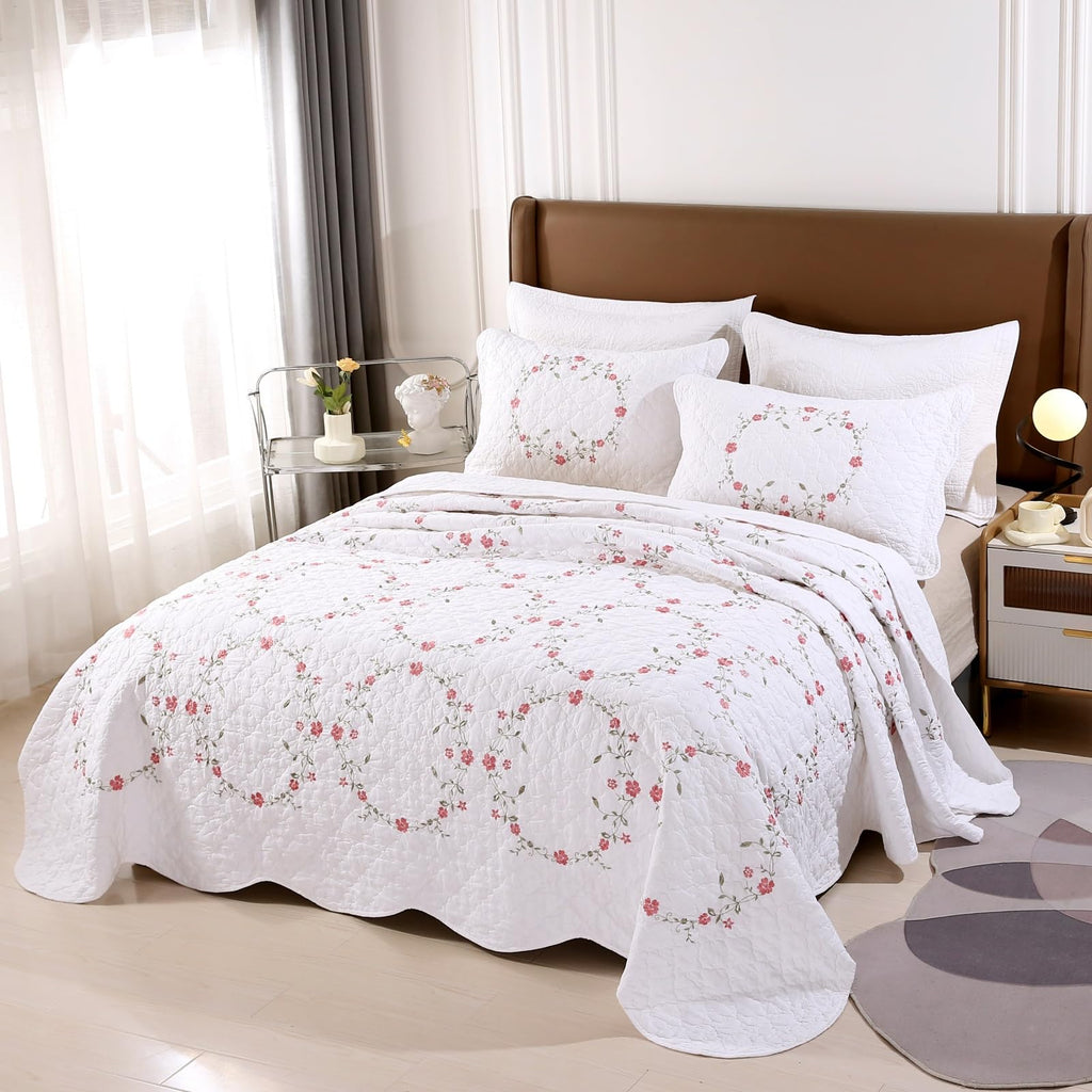 3 Piece Cotton Quilt Bedspreads Elegant Floral Embroidered Soft Lightweight Cotton Coverlet, 1 Quilt and 2