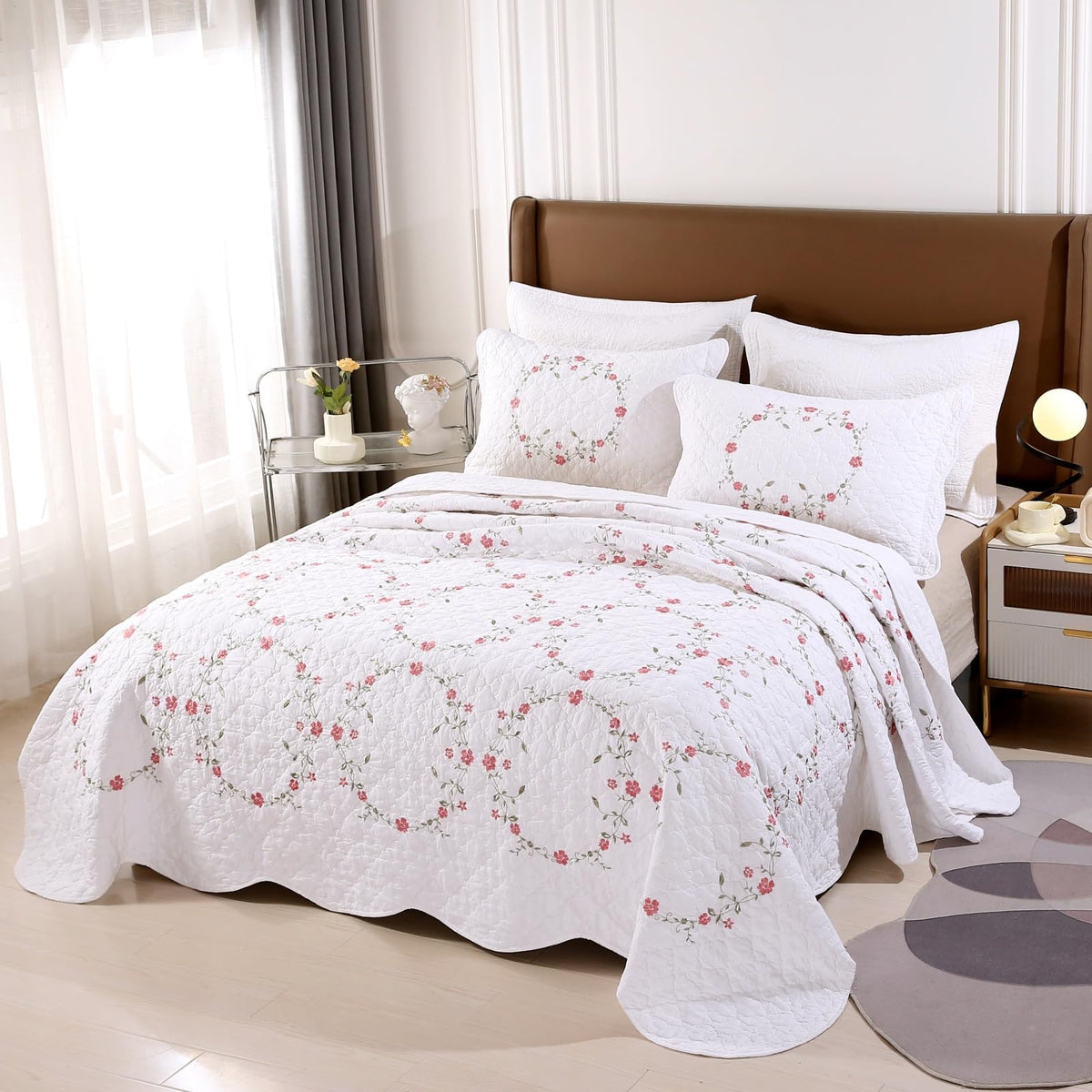 3 Piece Cotton Quilt Bedspreads Elegant Floral Embroidered Soft Lightweight Cotton Coverlet, 1 Quilt and 2
