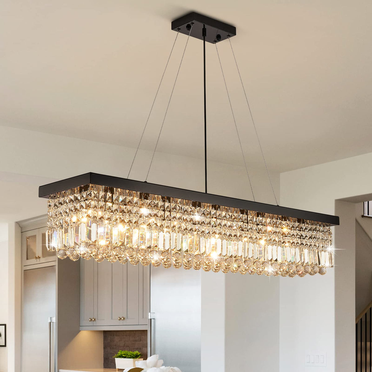 Rectangle K9 Crystal Chandelier Modern Rectangular Pendant Lighting Fixture Kitchen Island Bedroom Black L47'' x
