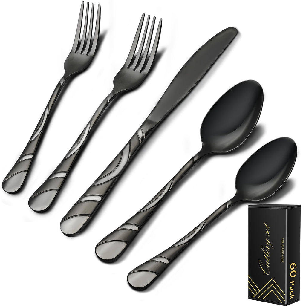 Black Silverware Set for 12, 60-Piece 18/0 Stainless Steel Utensils