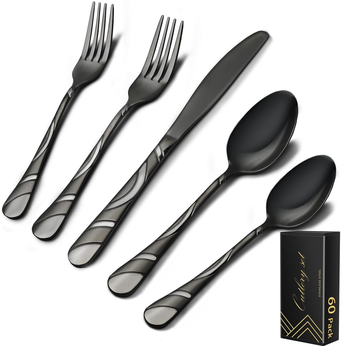Black Silverware Set for 12, 60-Piece 18/0 Stainless Steel Utensils