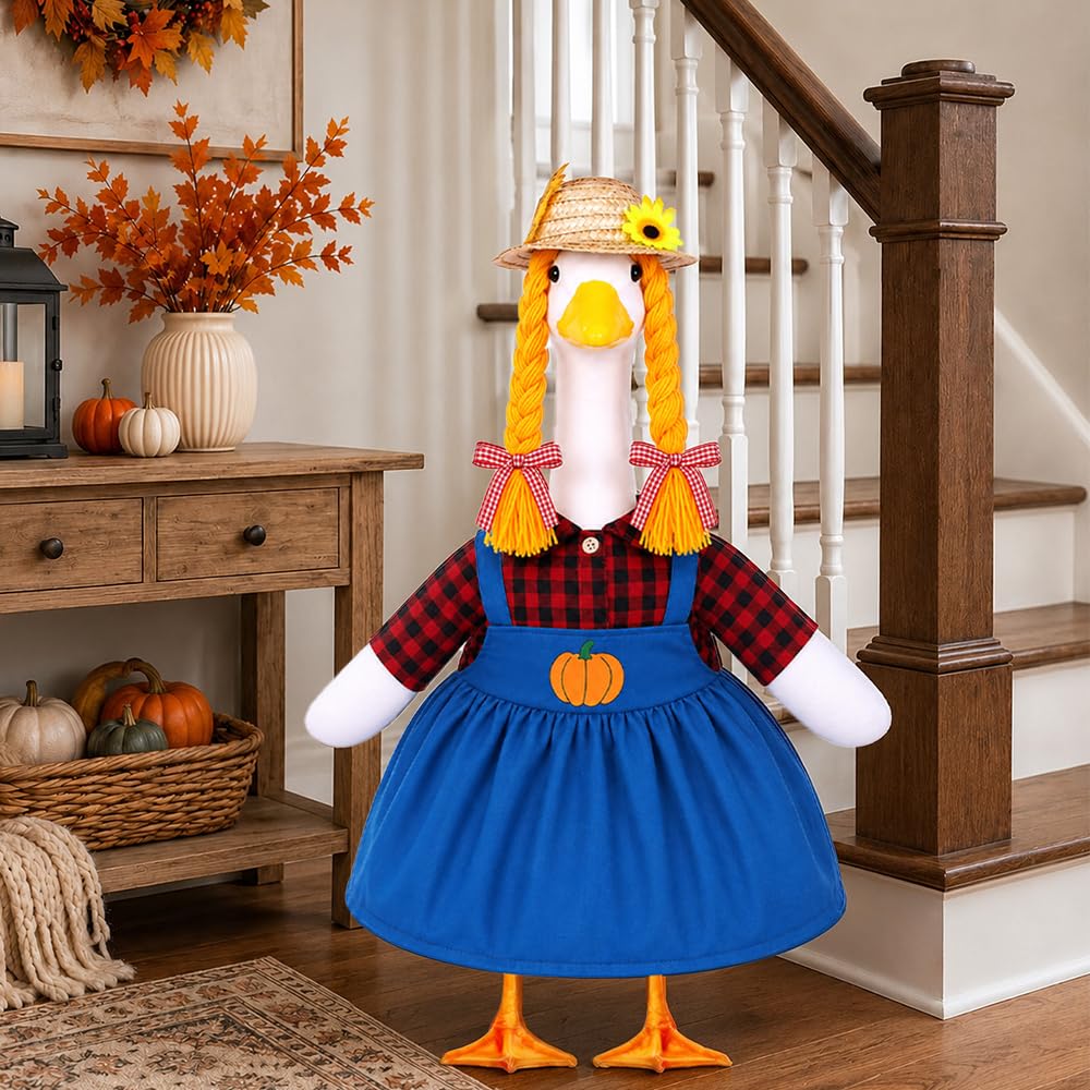 Fall Porch Goose Outfits Pumpkin Dress for 23" Plastic Cement Porch Goose Statue for Harvest Autumn Girl Outdoor