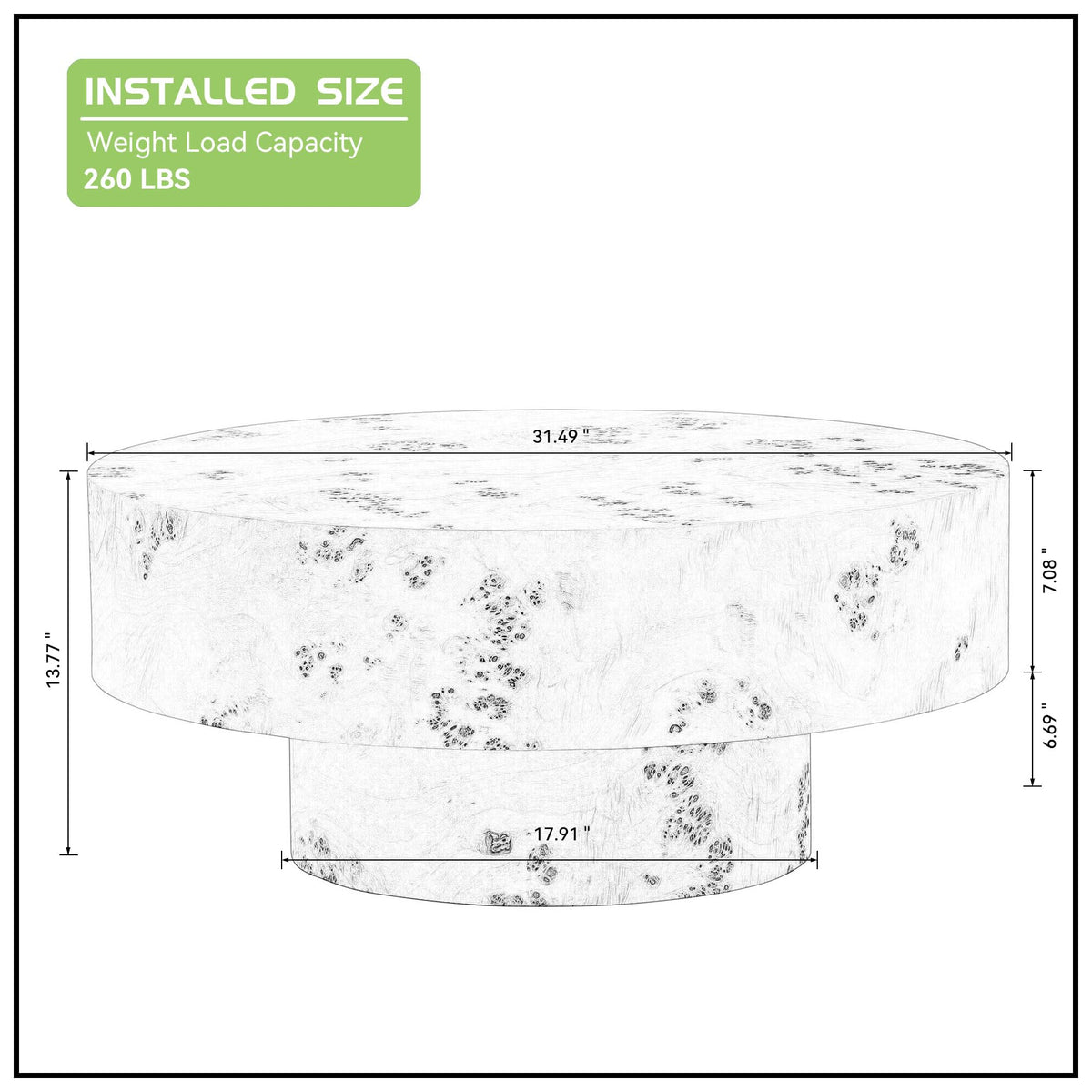 Round Coffee Table Wood, Modern Drum Burl Low Short Coffee Tables 31.49" W X 13.77''h Mid Century Wooden Pedestal