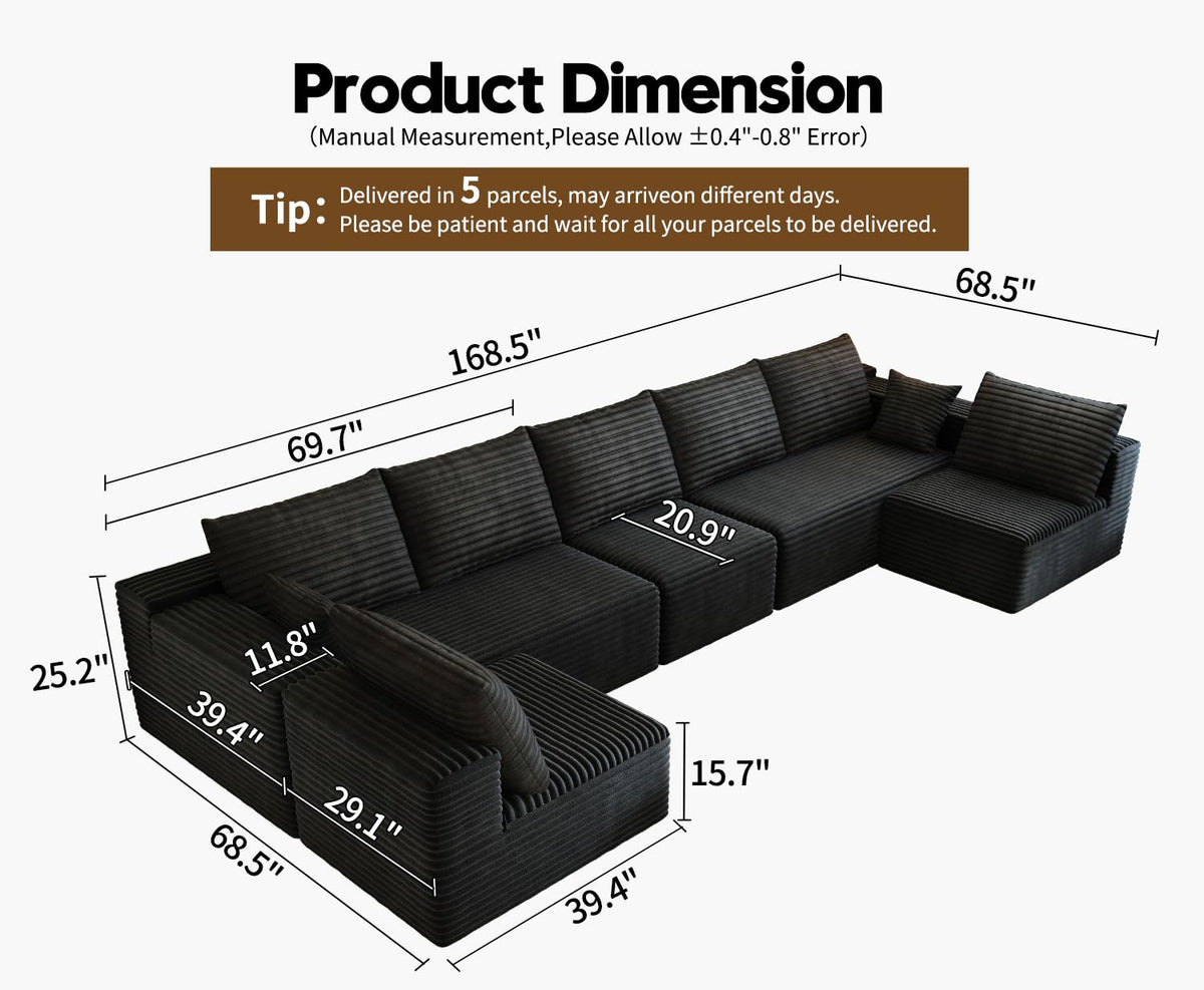 168.5" Modular Sectional Sofa, Oversized U-Shaped Minimalist Couches with 3 Middle Seats Chaise, Modern Deep Seat