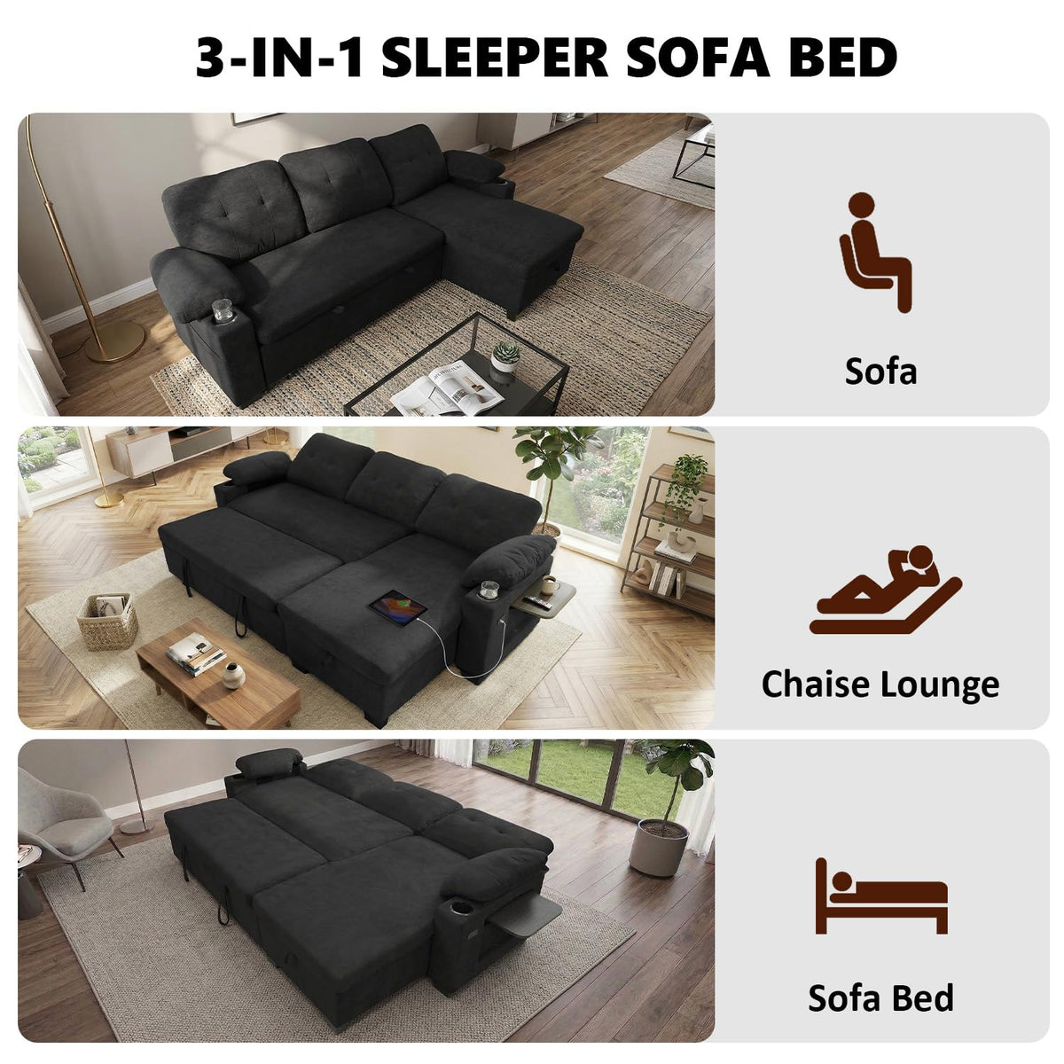 93" L Shaped Sleeper Sofa Bed, Pull Out Sectional Couch with Storage Chaise/Reclining Backrest, Sectional Couches