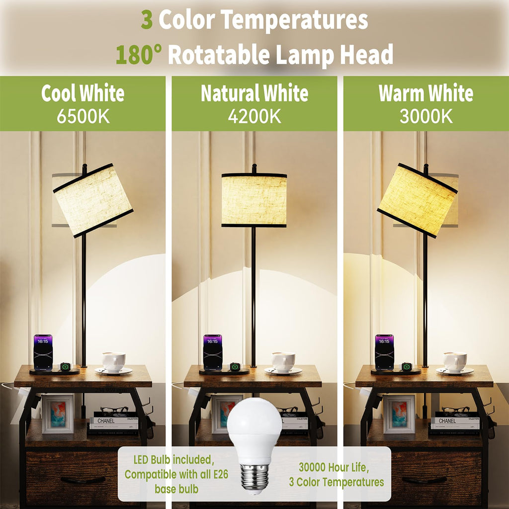 Floor Lamp with Table, End Table with Light and Charging, Rustic