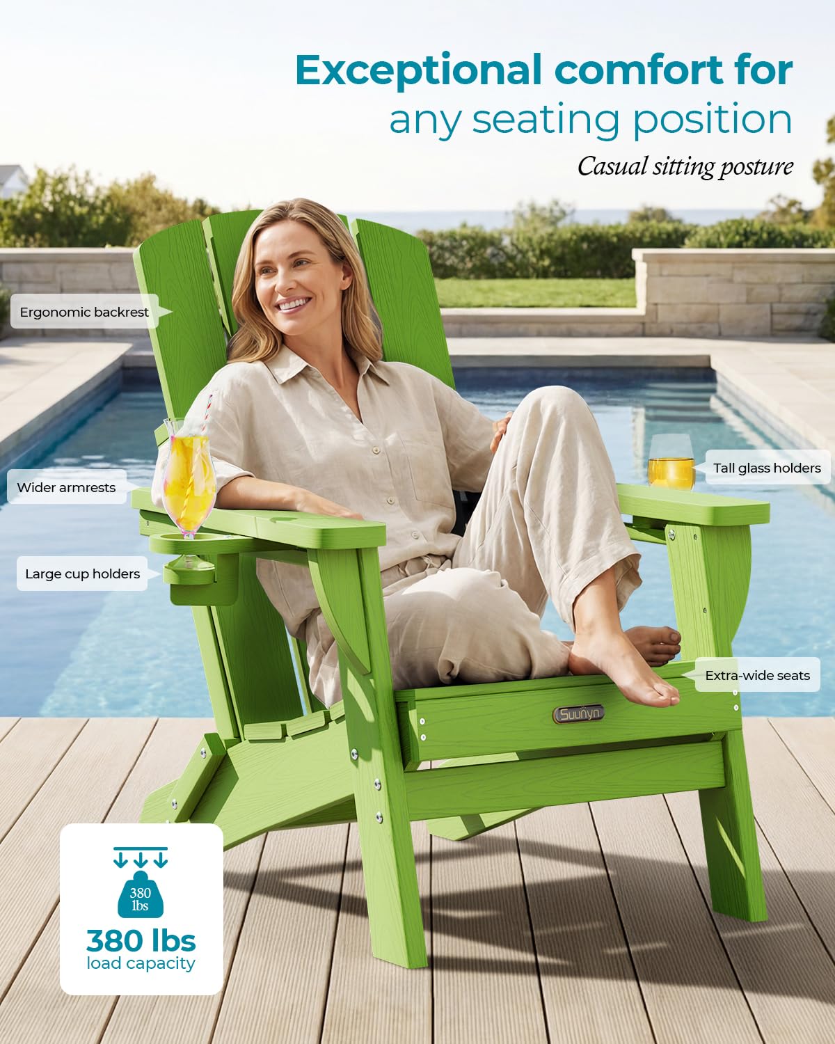 Folding Adirondack Chair, HDPE, 2 Cup Holders, Lime