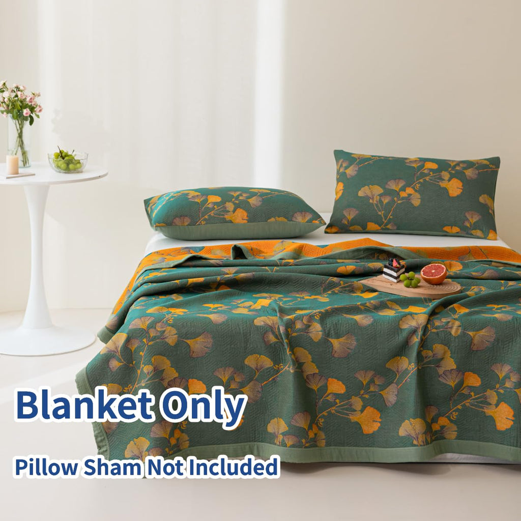 100% Cotton Jacquard Quilt Floral Ginkgo Leaves Print, Soft Muslin Bed Cover 3 Layers Reversible Bedspread Coverlet