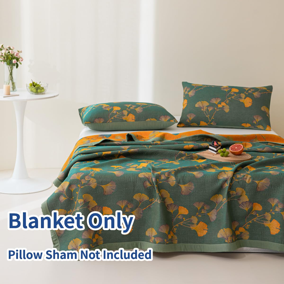 100% Cotton Jacquard Quilt Floral Ginkgo Leaves Print, Soft Muslin Bed Cover 3 Layers Reversible Bedspread Coverlet