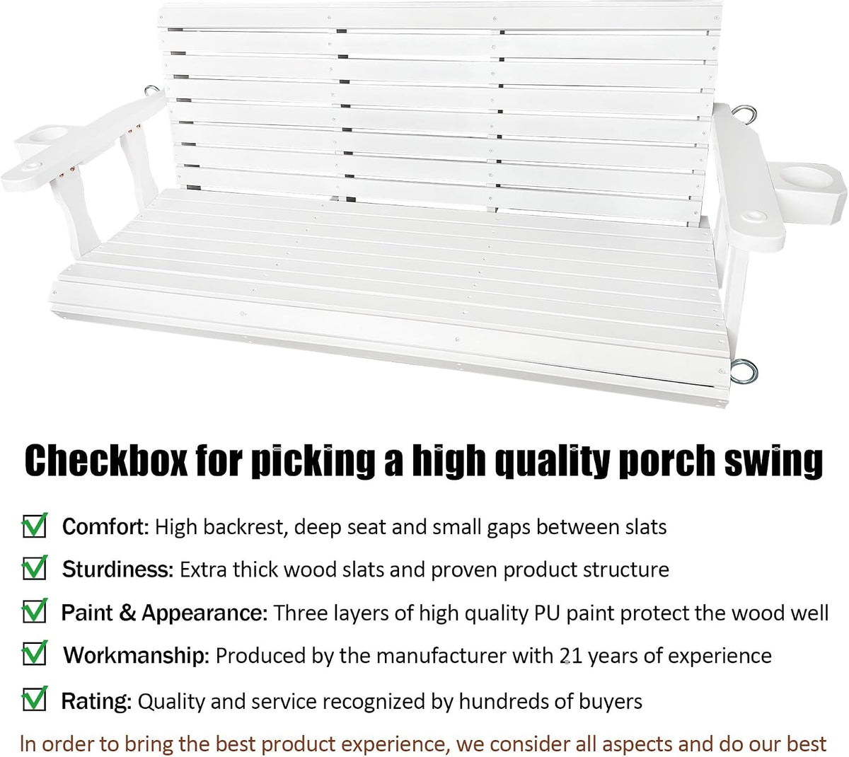 Wooden Porch Swing 3-Seater, High Backrest and Deep Seat, Bench Swing with Cupholders, Hanging Chains and 7mm