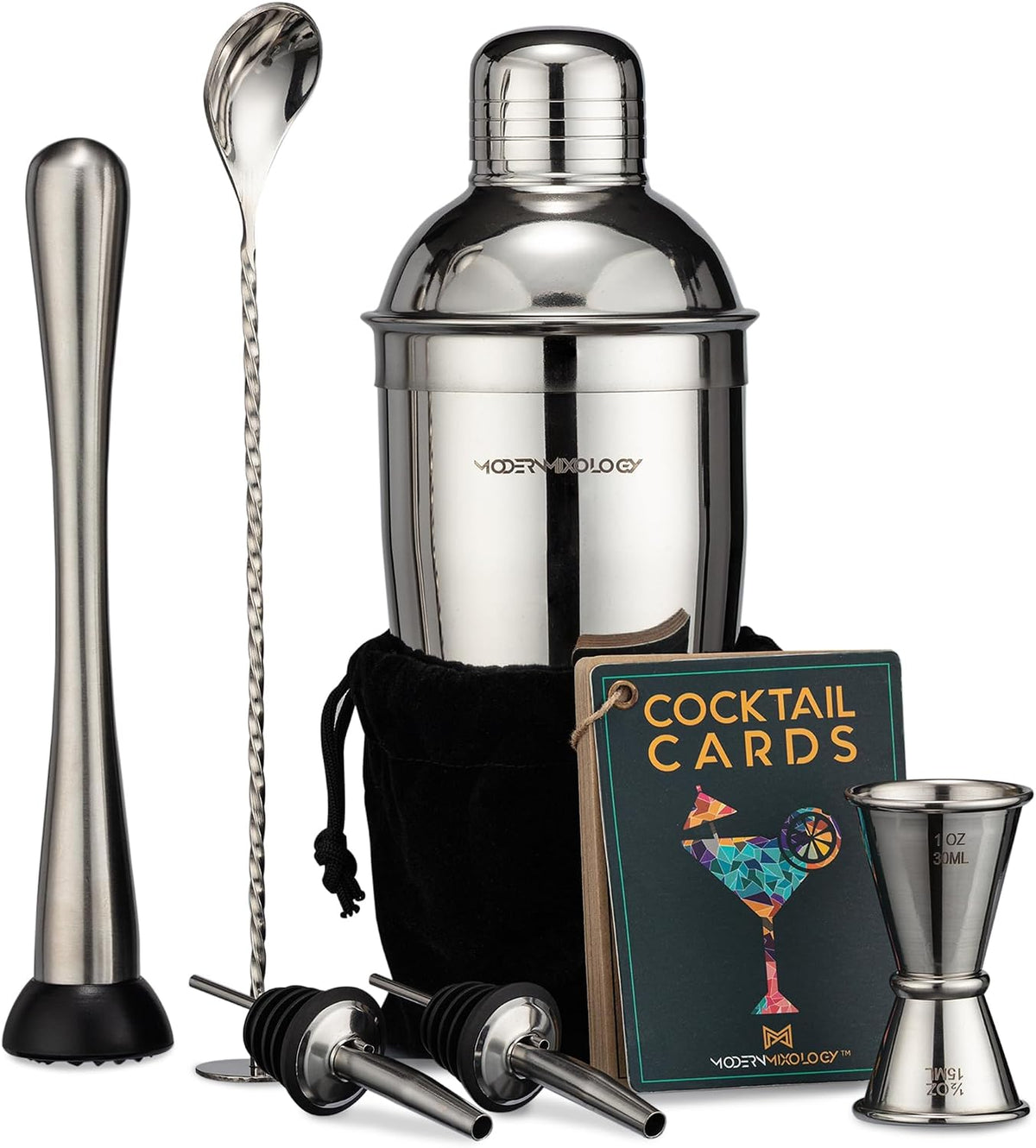 8-Piece Cocktail Shaker Set with Velvet Bag | Complete Kit for Bartenders | Includes Shaker with Strainer, Jigger - Set of 8