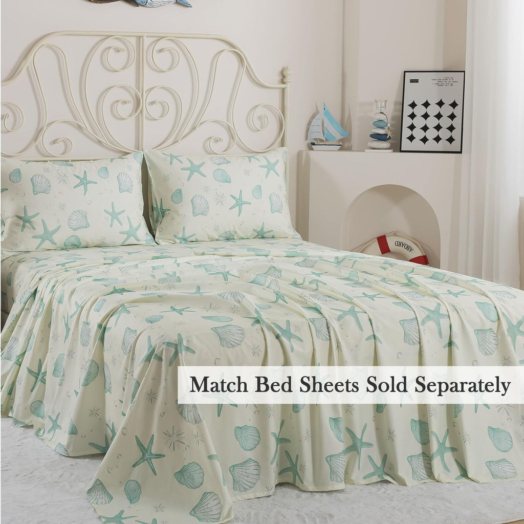 Premium 100% Cotton Coastal Duvet Cover Set - Soft Breathable Beach Bedding, Seafoam Green Starfish & Seashell