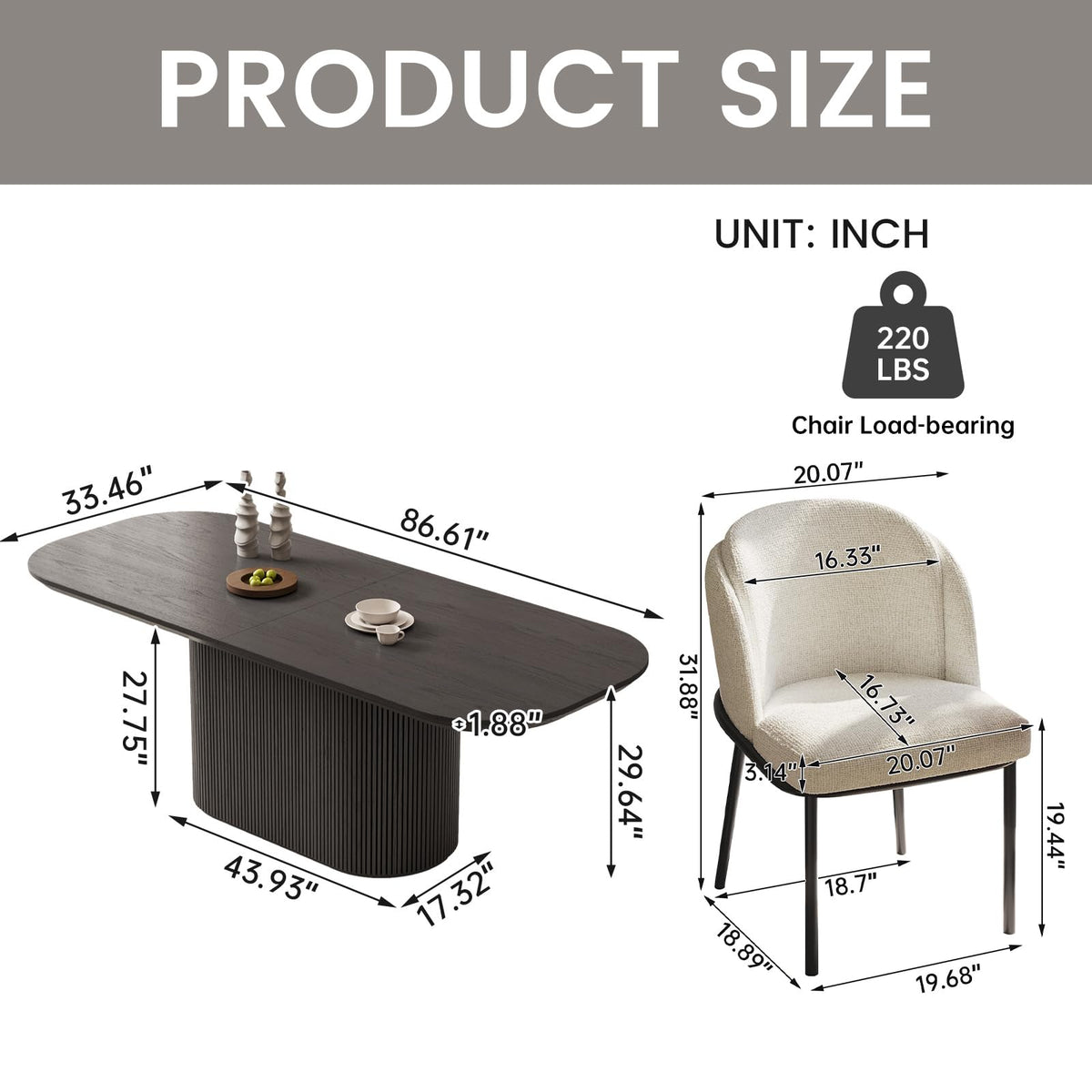 7-Piece Oval Dining Table Set, 86.61" Modern Kitchen Table with 6 Chairs, Indoor Rectangular Dining Room Table, Black