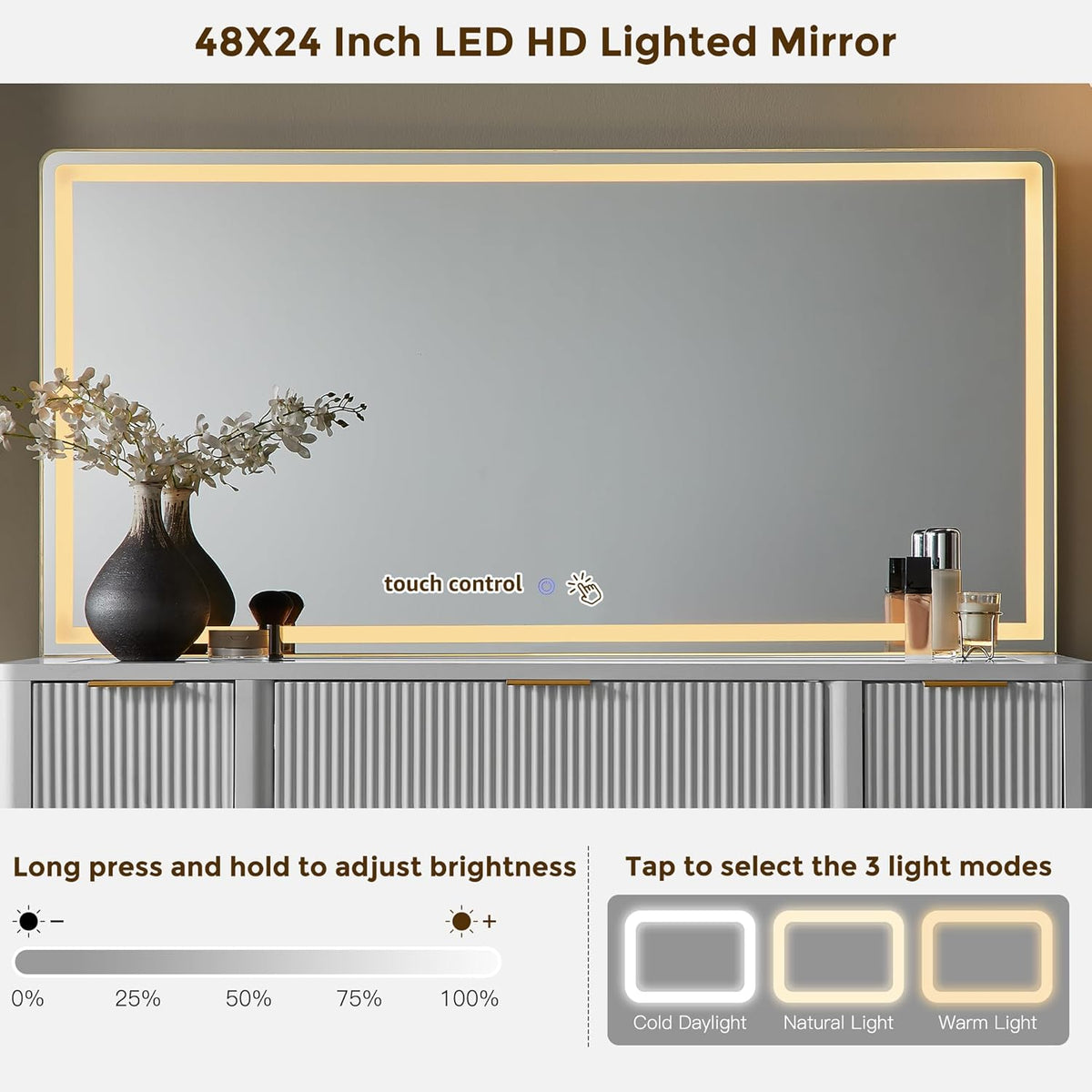 48" Fluted Makeup Vanity Desk with 48" Large Mirror and HD LED Lights, Modern Vanity Table with 9 Drawers & Charging