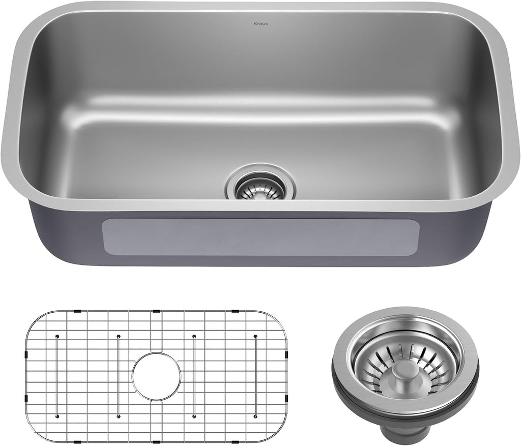 Stainless Steel 32 in 18 Gauge Undermount Kitchen Sink KBU44 | 18-gauge T304 stainless steel, rear-set drain, rounded