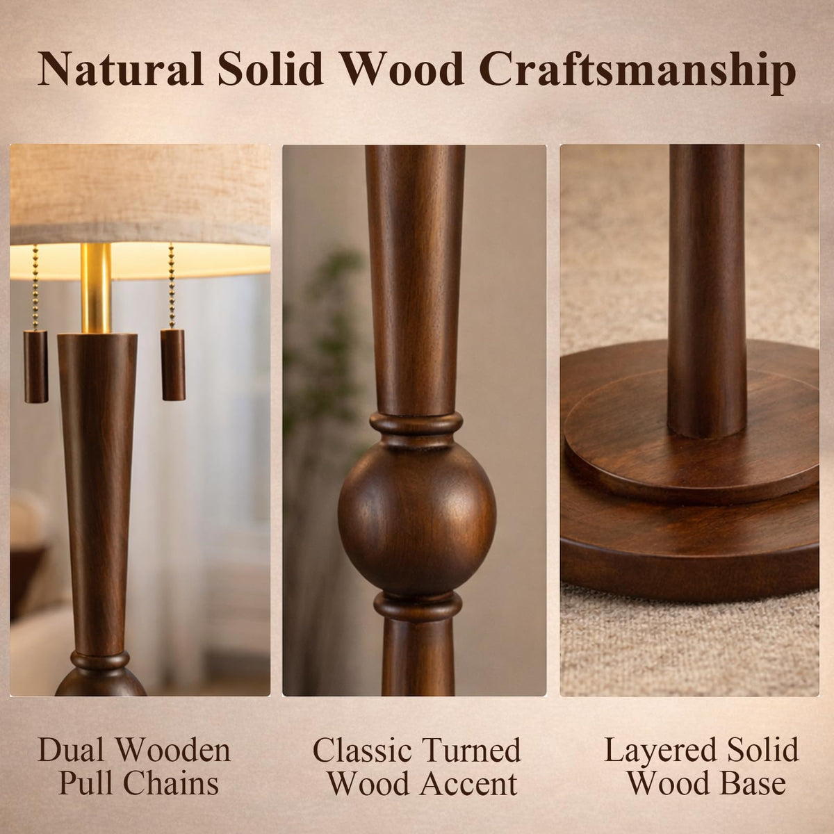 Solid Wood Floor Lamp with Wooden Pull Chains
