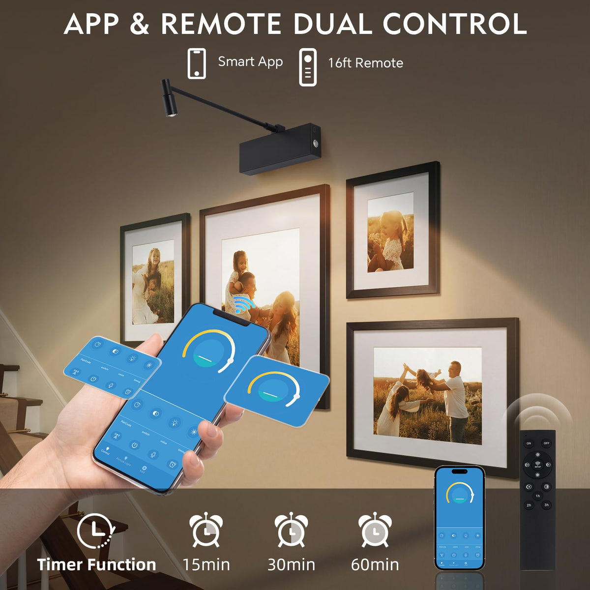 Picture Light for Wall with Adjustable LED Beam, Wireless 8000mAh Rechargeable Art Light with Remote, Battery