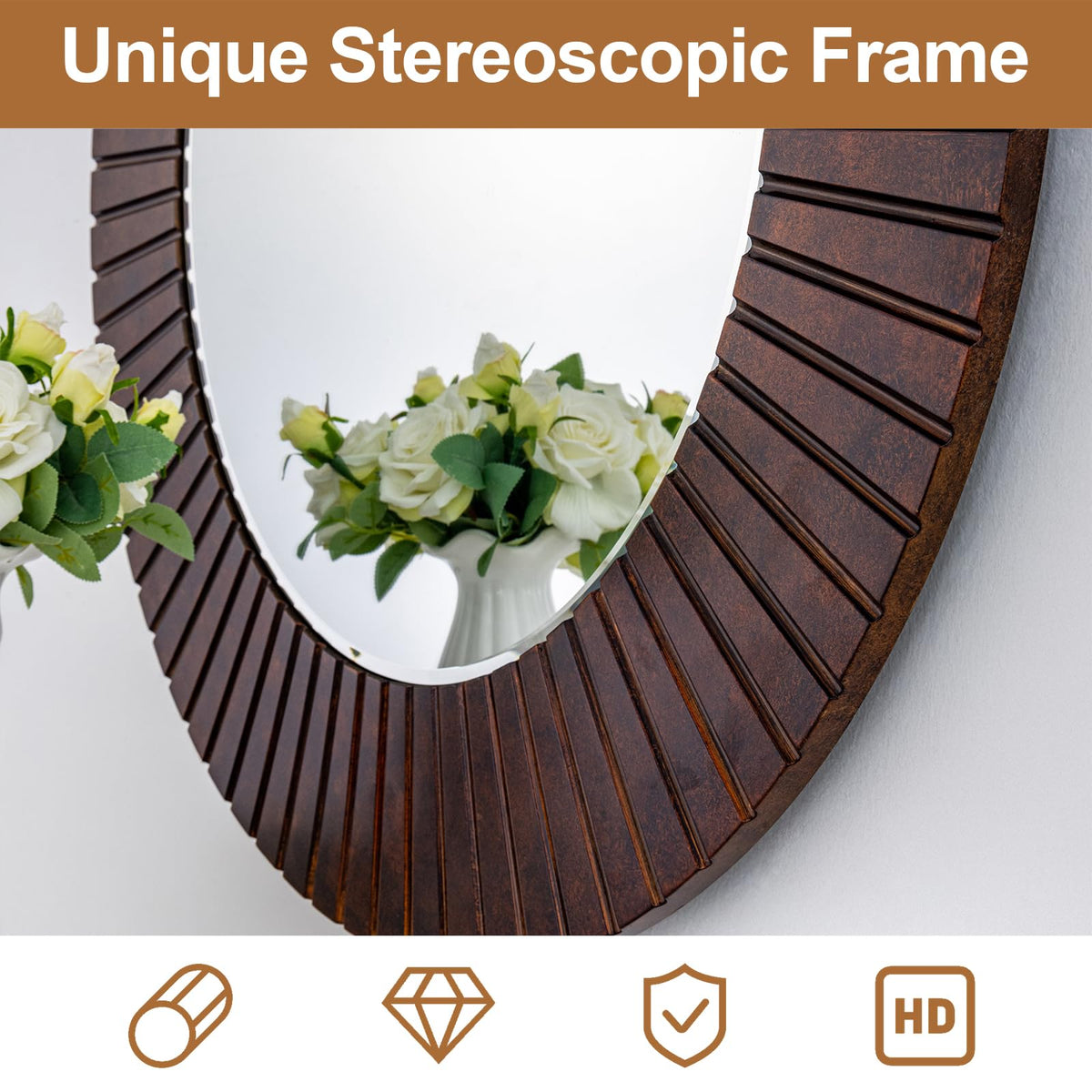 42'' Large Circle Mirror with Wood Frame, Decorative Mirror, Farmhouse Bathroom Mirrors with Bronze Groove Finish