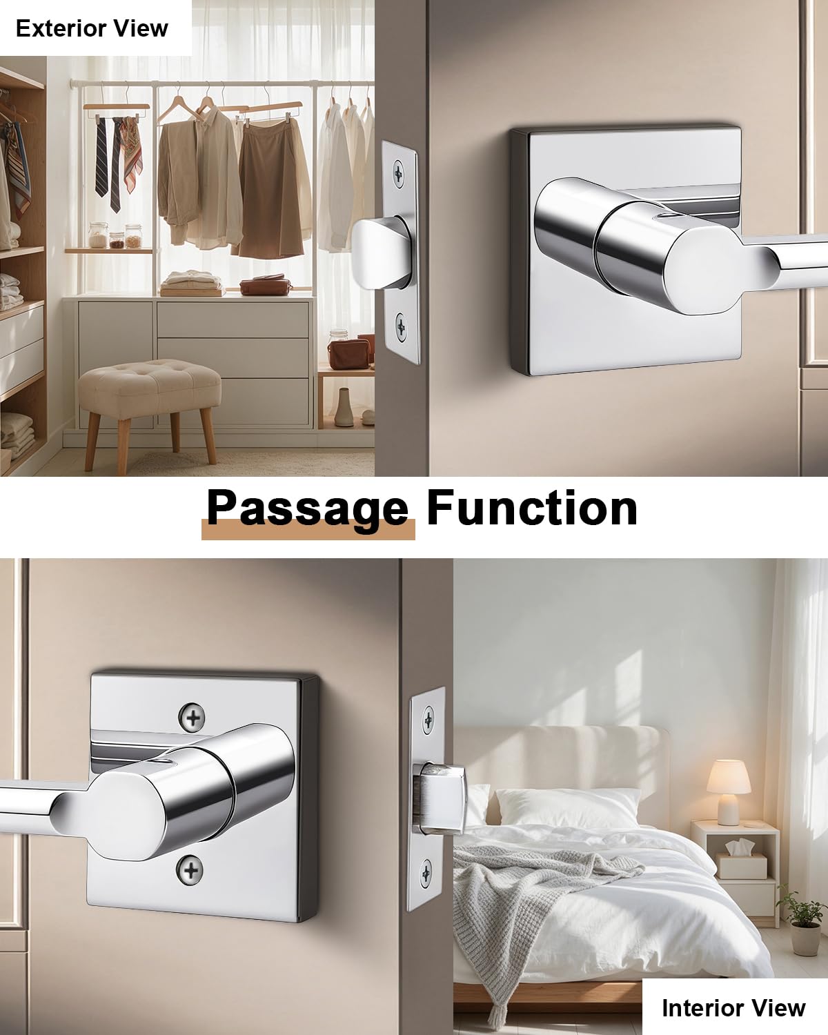 Passage Interior Door Handles, 8 Pack Polished Chrome Square Levers Without Lock, Reversible for Closet & Hallway