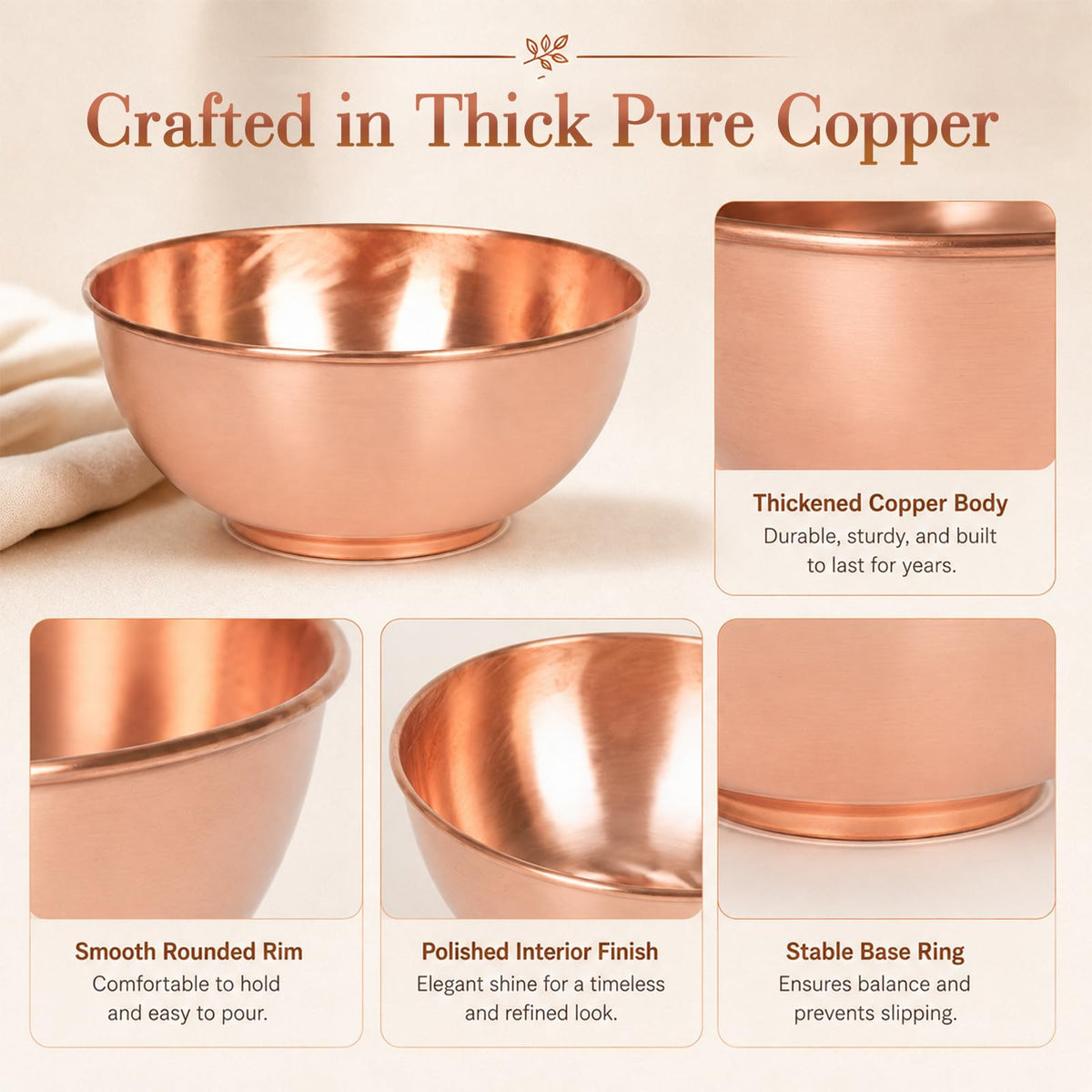 8 Inch Pure Copper Bowl, 99.99% Copper Bowl for Family Friends, Copper Mixing Bowl for Salad, Decorative and Kitchen
