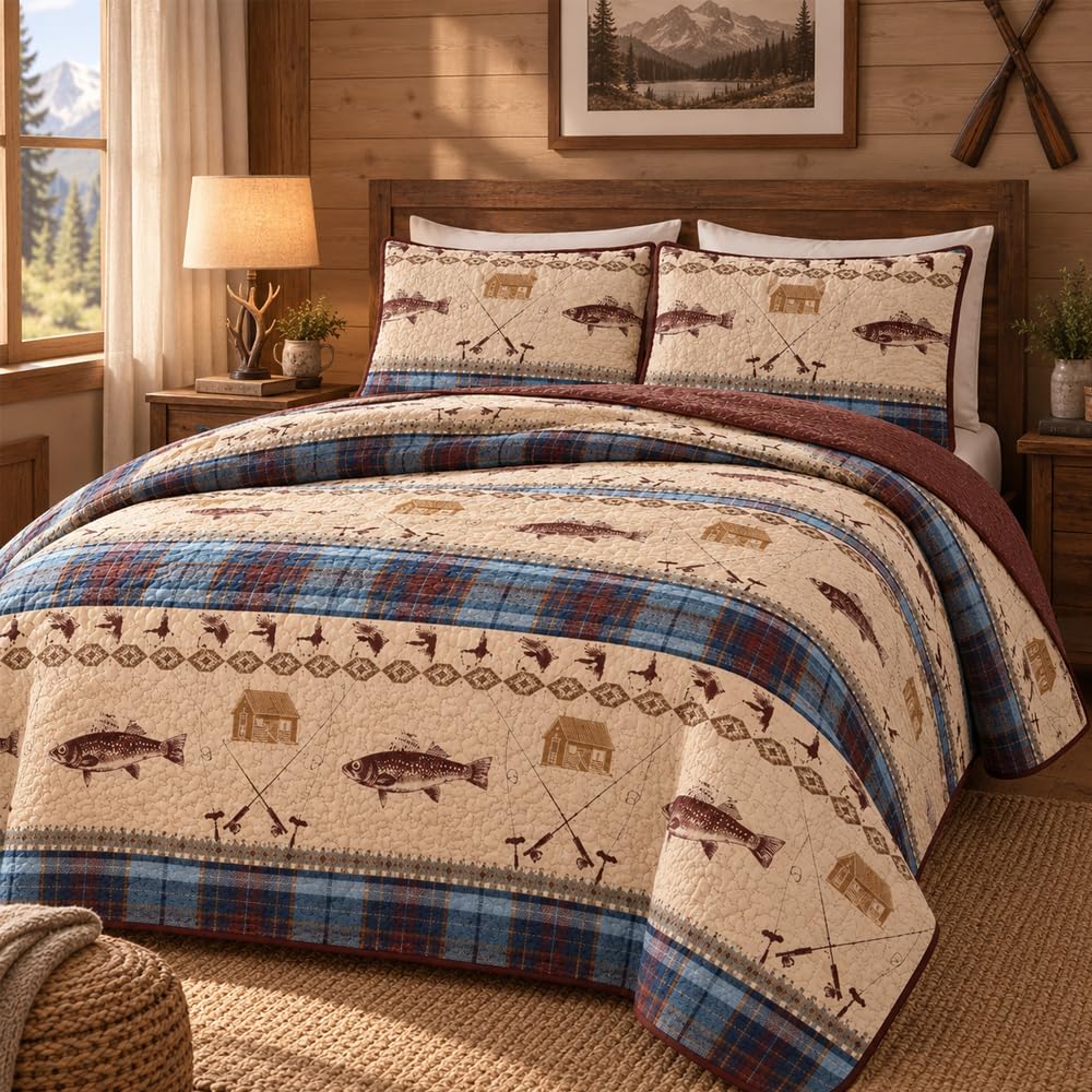 River Fly Fishing Themed Rustic Cabin Lodge Quilt Stitched Bedspread Bedding Set With Fishing Rods Lure With