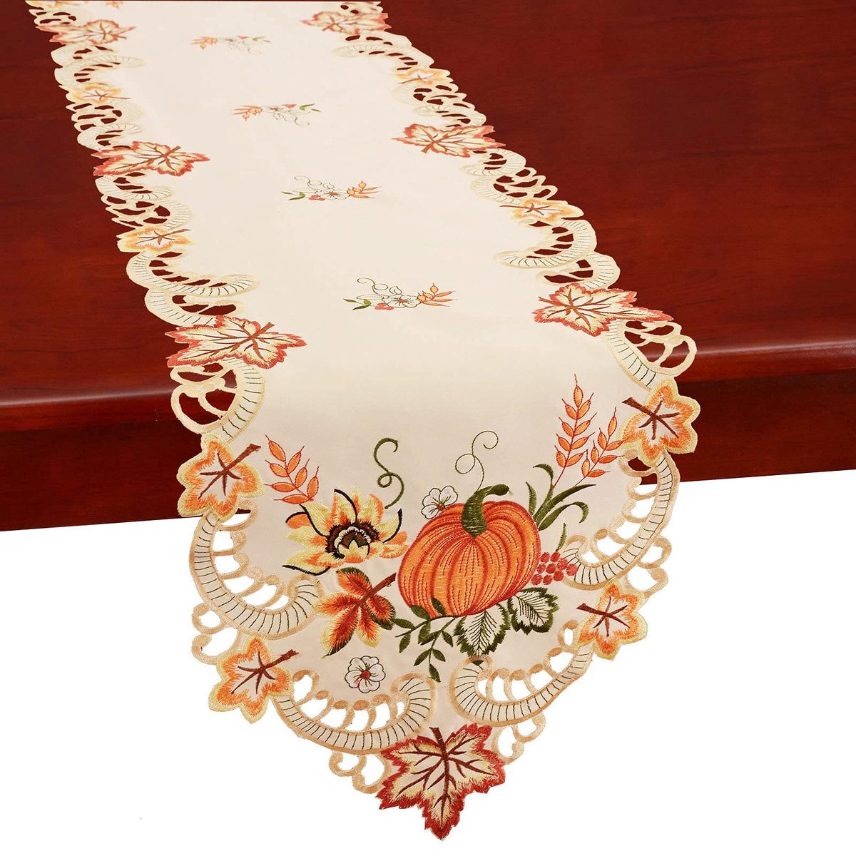 Thanksgiving Harvest Pumpkins Table Runners for Autumn Or Fall Decorations, Embroidery (14 × 90 Inches)